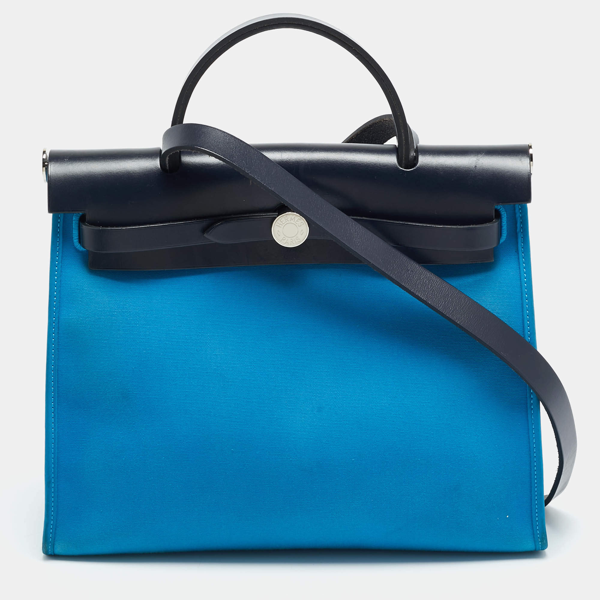 مملوكة مسبقًا Hermes Herbag Zip 31 Bleu Zanzibar/Bleu Indigo Toile and Vache Hunter Top Handle Bag