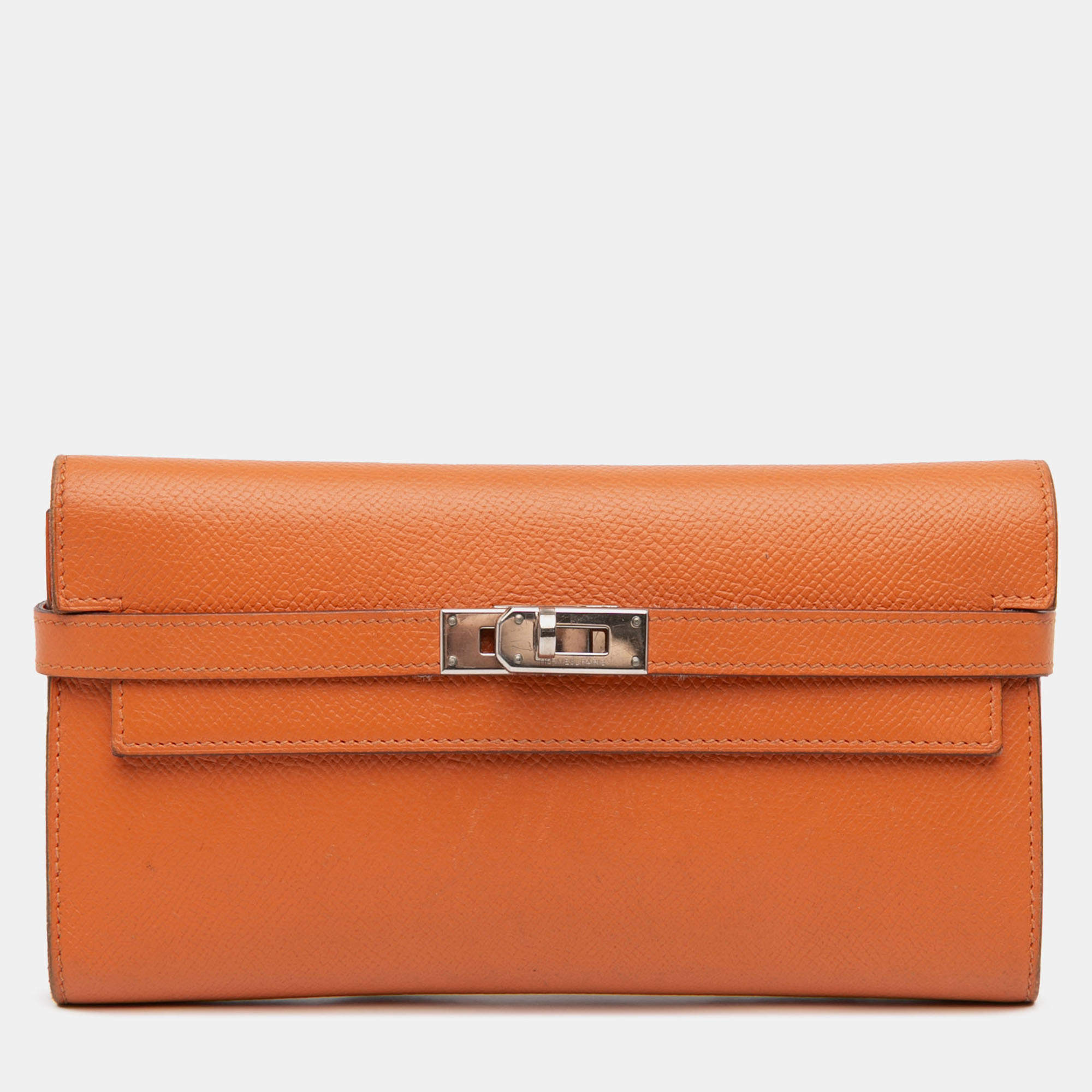 Pre Owned Hermes Orange Epsom Kelly Longue Wallet