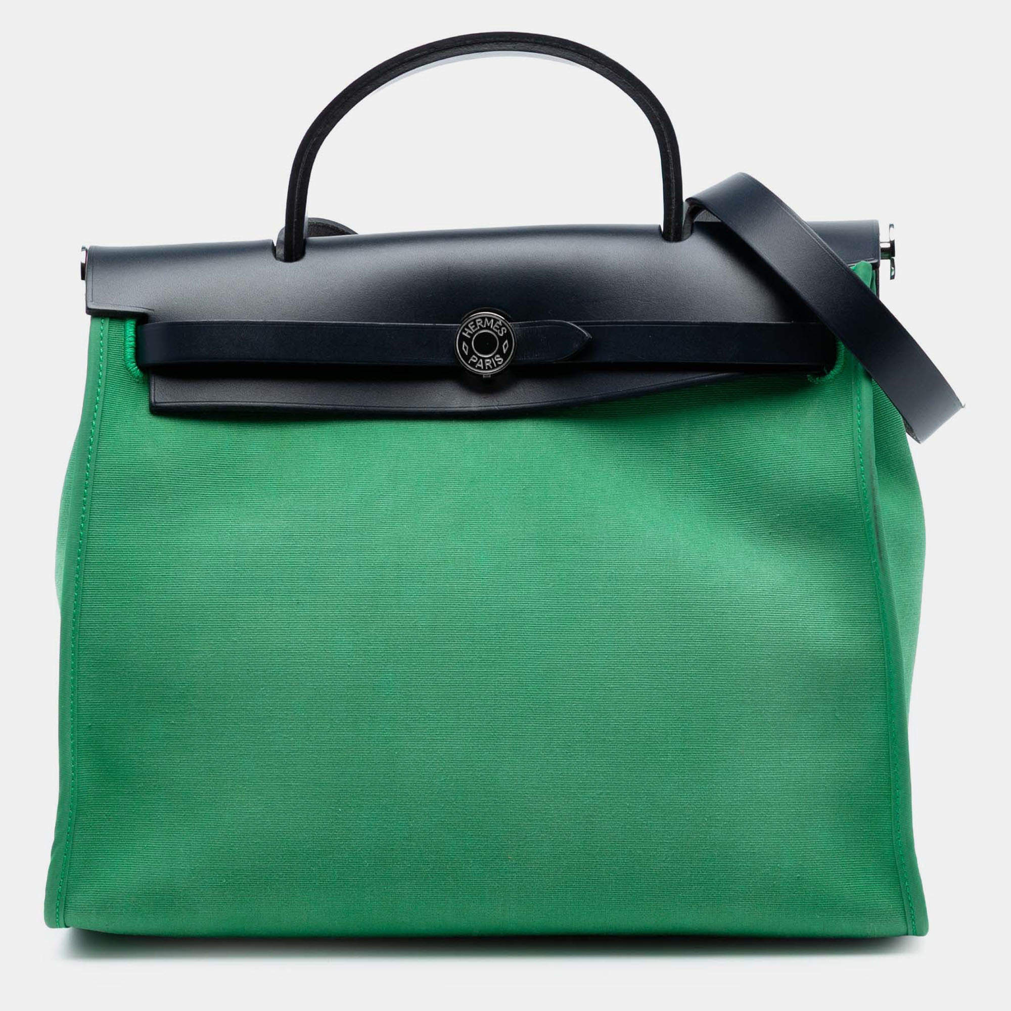 Pre Owned Hermes Blue Green Toile Herbag Zip 31