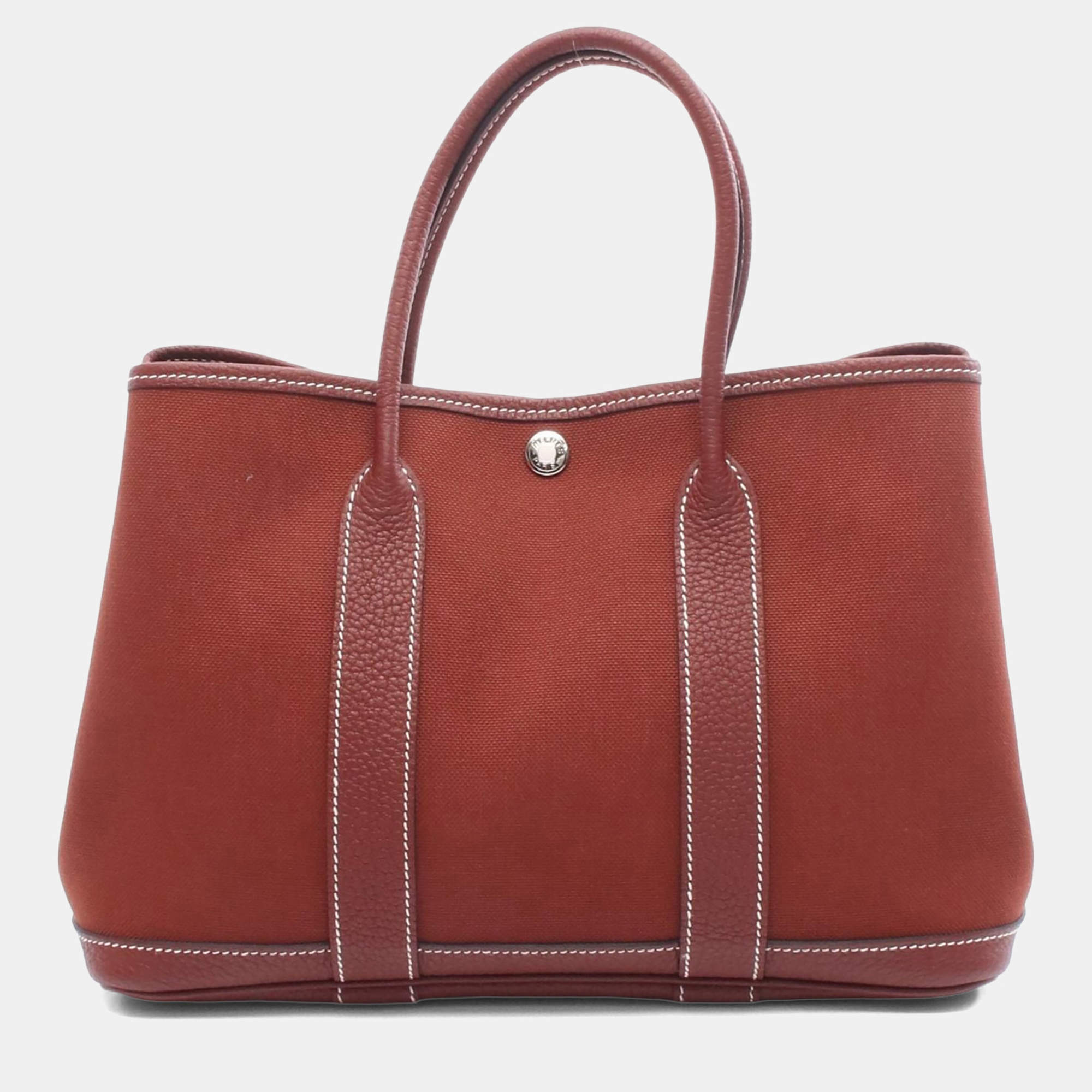 Pre Owned Hermes Garden Party 30 Bordeaux Canvas, Leather Shoulder Bag