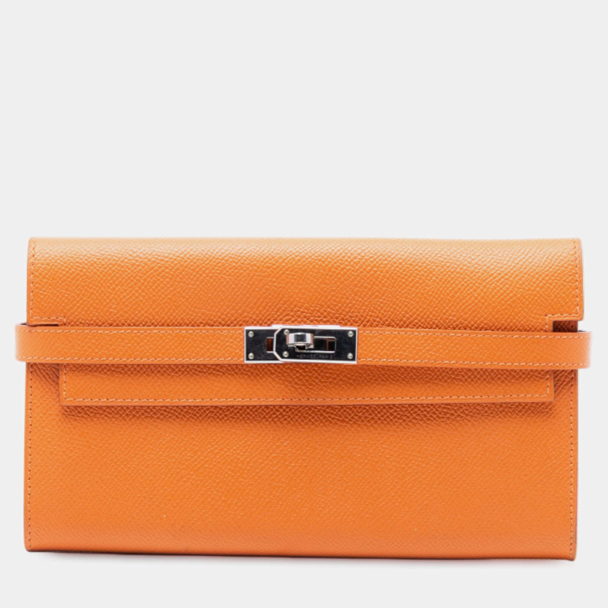 مملوكة مسبقًا Hermes Orange Epsom Kelly Trifold Long Wallet