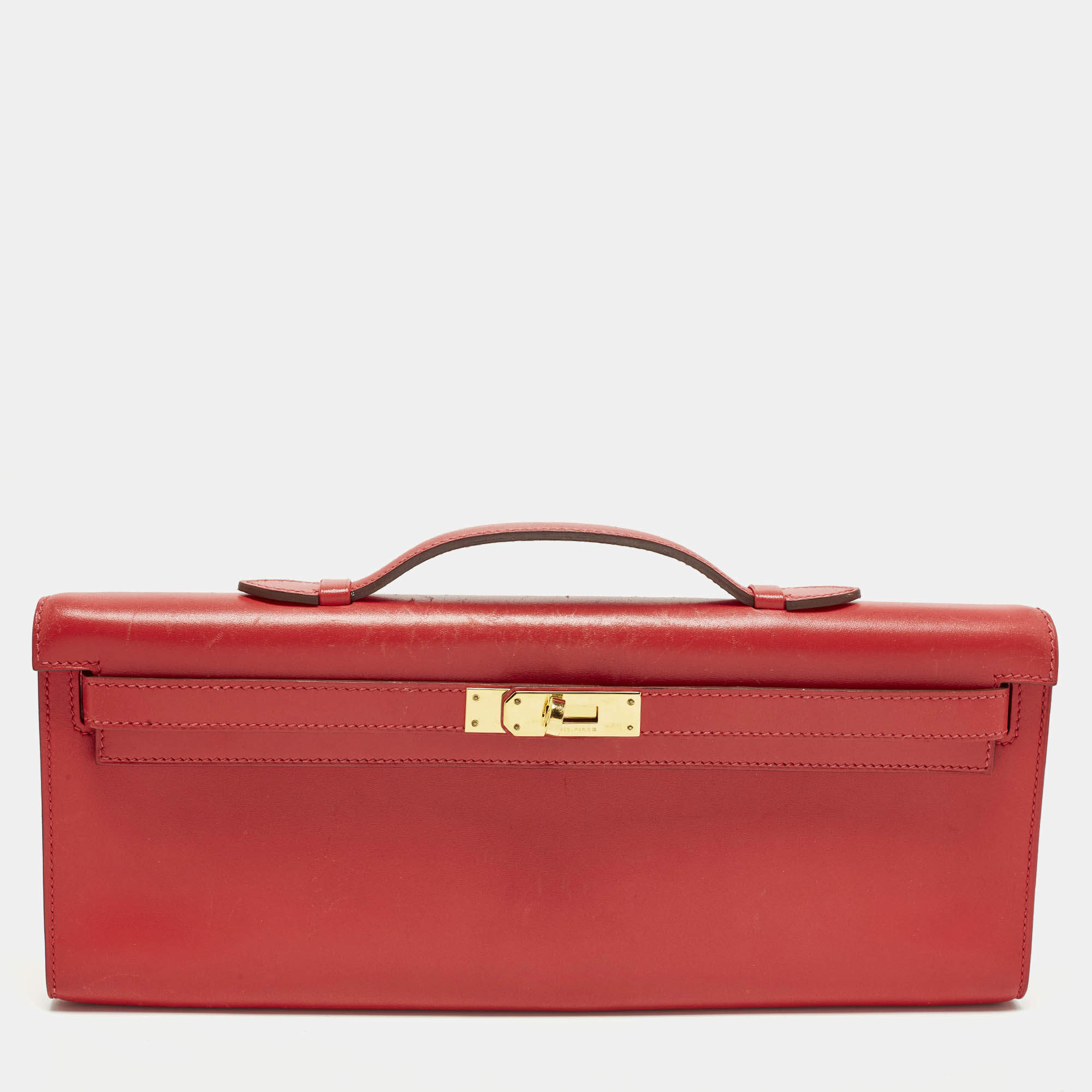 Pre Owned Hermes Kelly Cut Gold Finish Rouge Vif Tadelakt Leather Clutch
