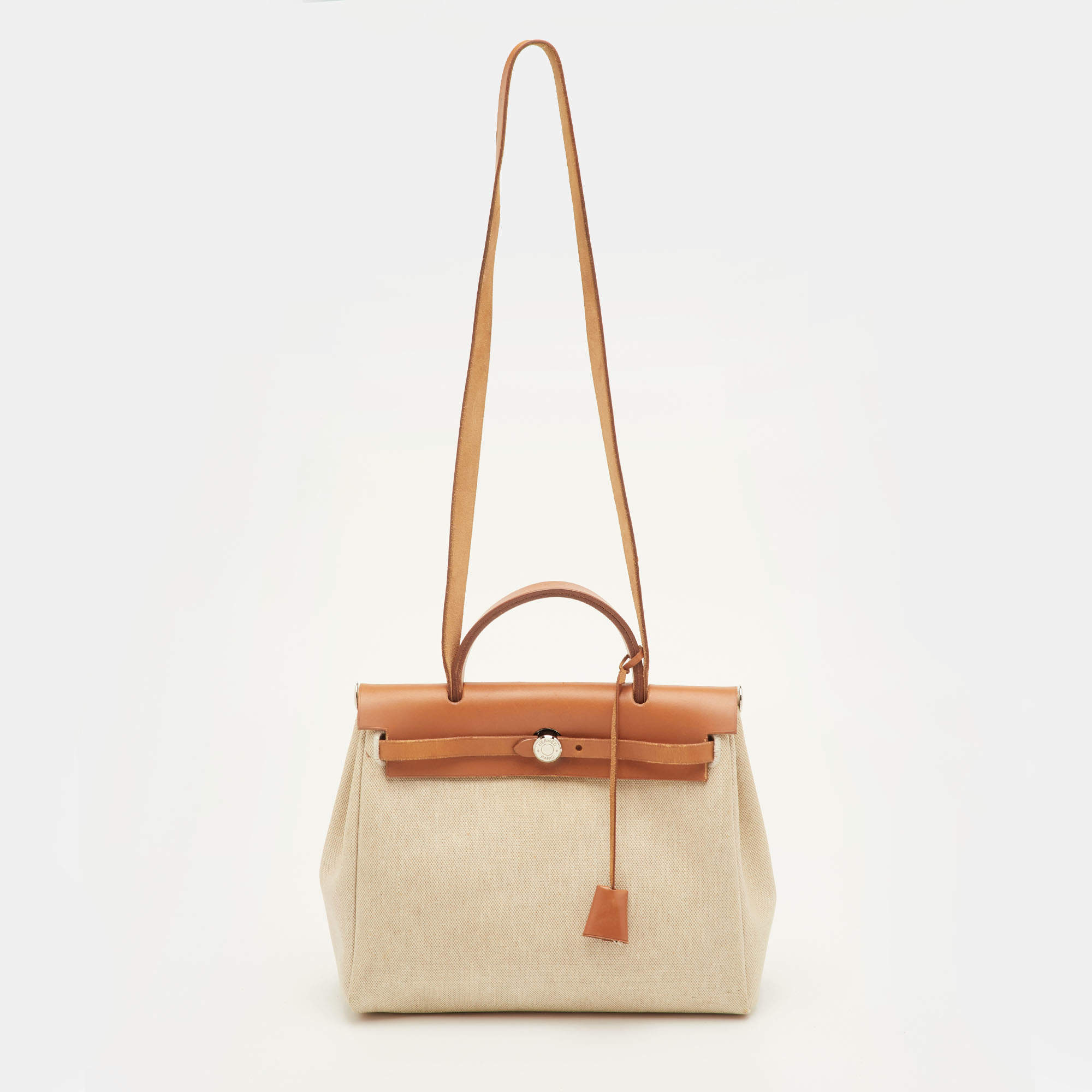 Pre Owned Hermes Herbag 31 Ecru/Natural Toile Canvas and Vache Leather Bag