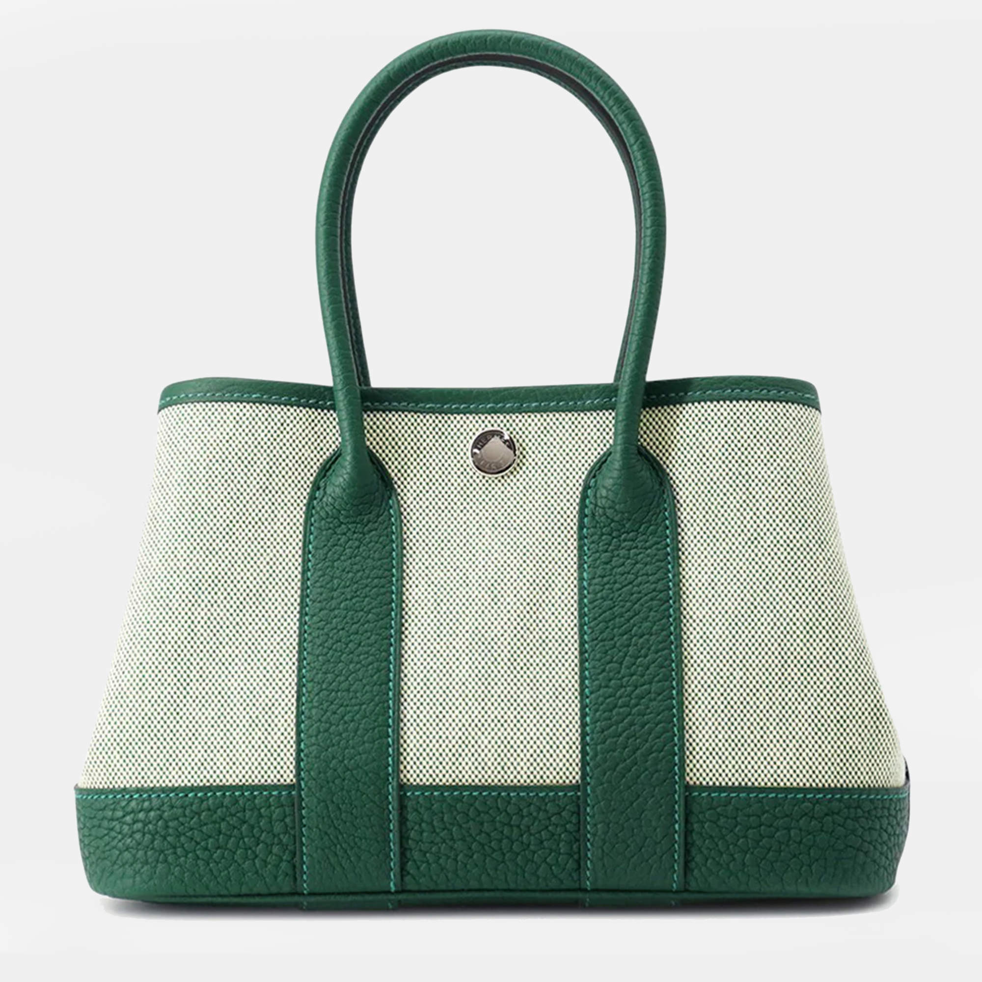 Pre Owned Hermes Neo Garden Ecru/Vert Moyen Negonda Leather Toile H Size 23