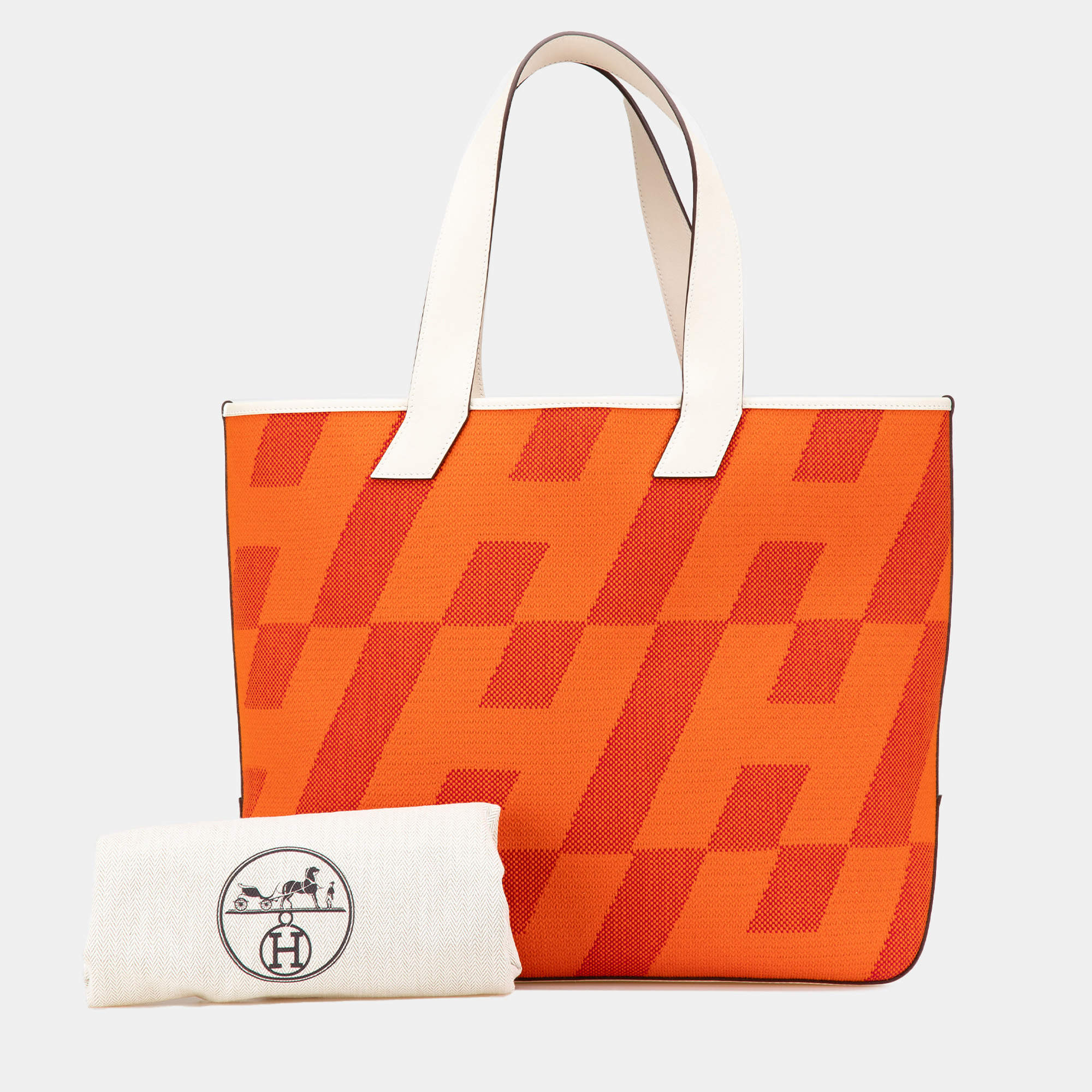 Pre Owned حقيبة هيرمس كاباس ه ان بيا 40 قماش H أبيض وبرتقالي سويفت