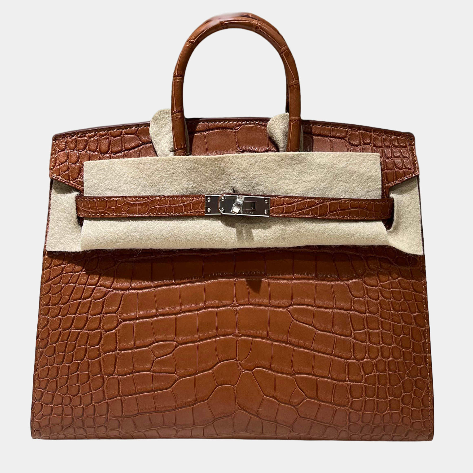 Pre Owned Hermes Gold Birkin 25 Matte Crocodile with Palladium Finish Hardware