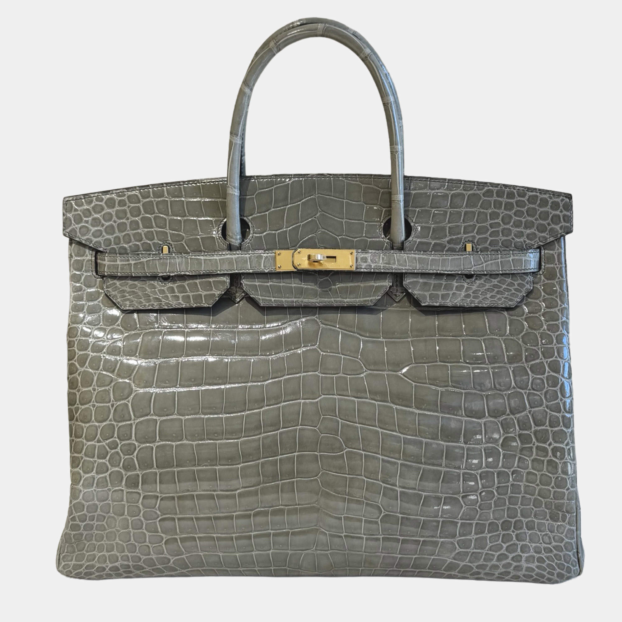 مملوكة مسبقًا Hermes Birkin 40 Shiny Crocodile Gris Tourterelle with Gold Hardware