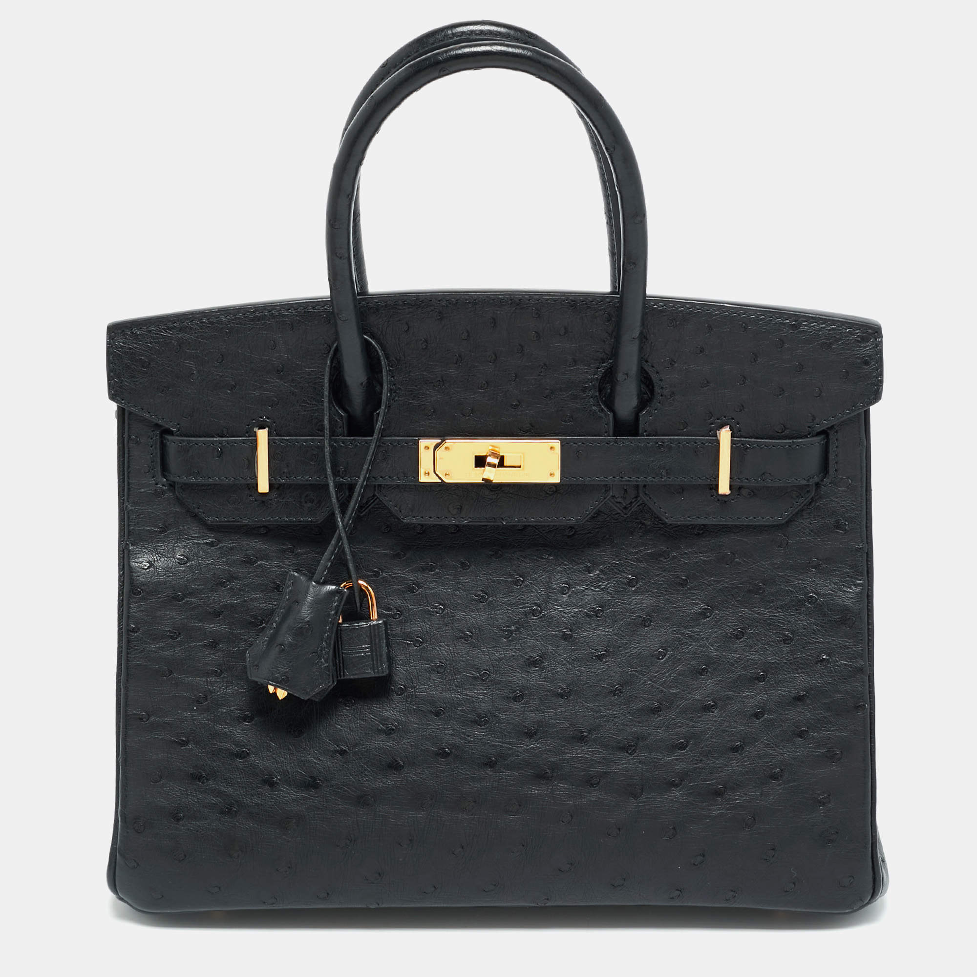 مملوكة مسبقًا Hermes Birkin 30 Rose Gold Finish Noir Ostrich Tote