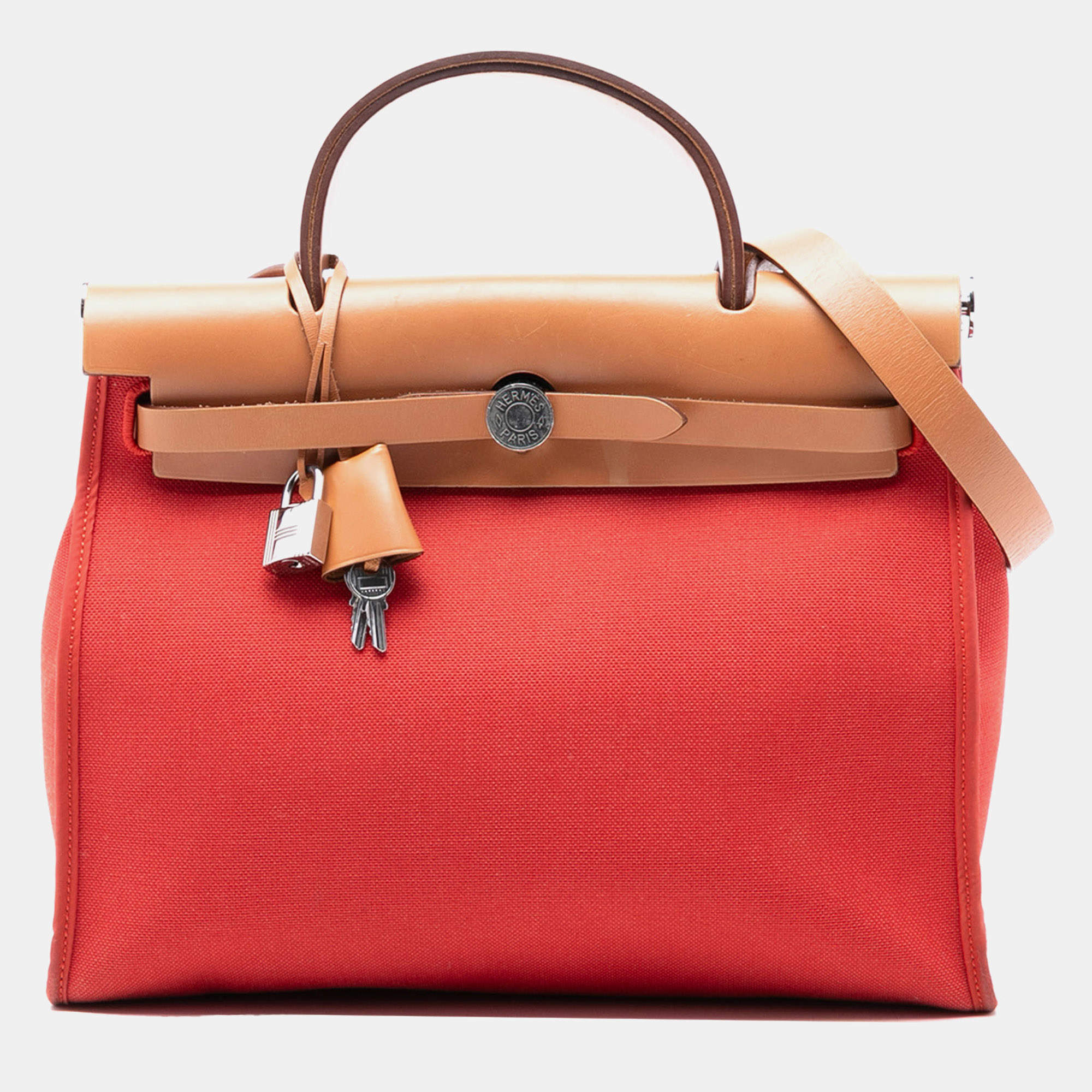 Pre Owned Hermes Brown Orange Toile Herbag Zip 31