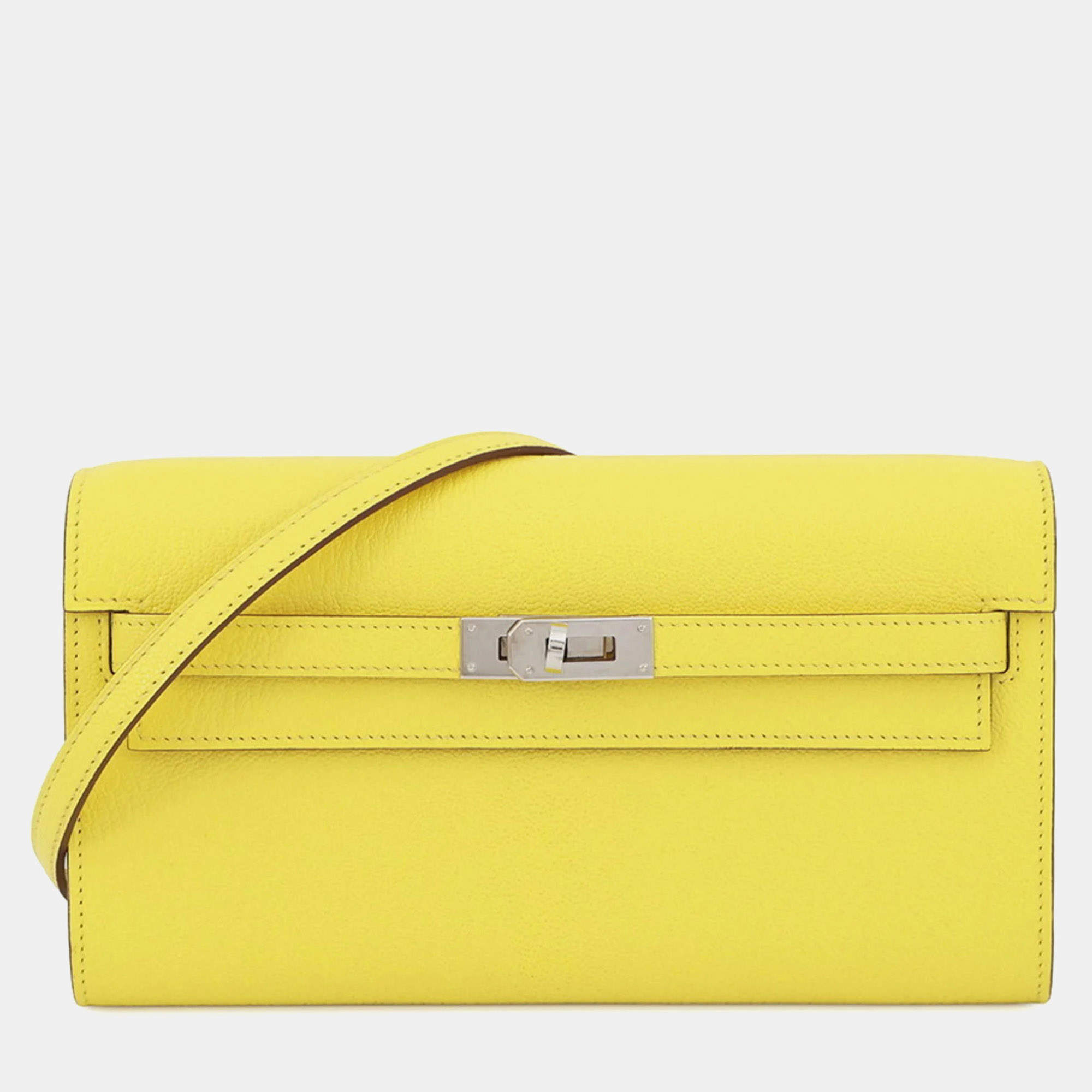 مملوكة مسبقًا Hermes Kelly Wallet Long To-Go Shoulder Bag Lime Chevre Mysore