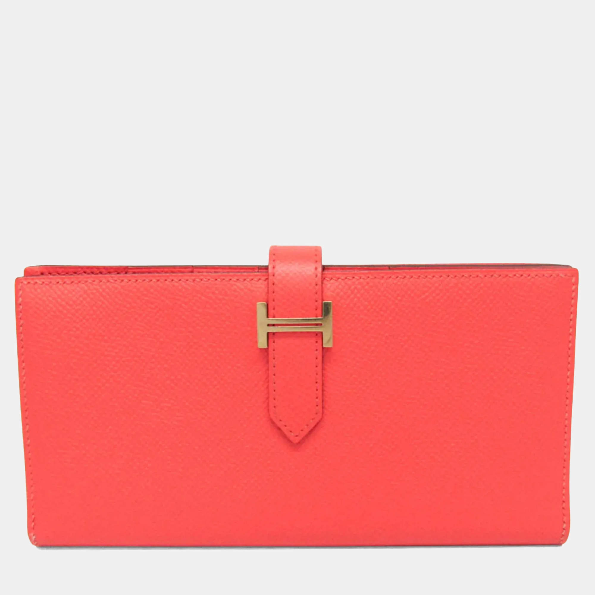 Pre Owned Hermes Bearn Bearn Souffl Epsom Leather Long Wallet Bi-Fold Salmon Pink