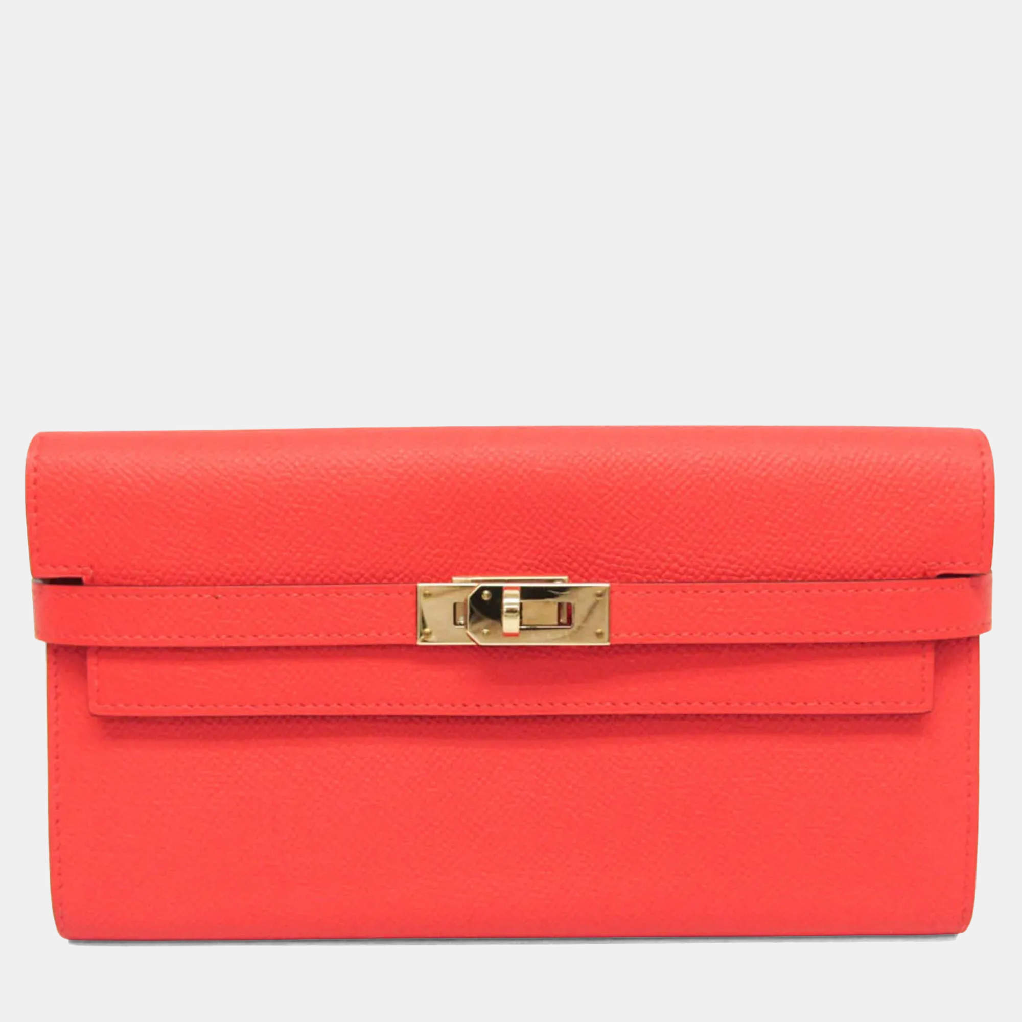 Pre Owned Hermes Kelly Wallet Epsom Leather Long Wallet Bi-Fold Rose Jaipur Salmon Pink