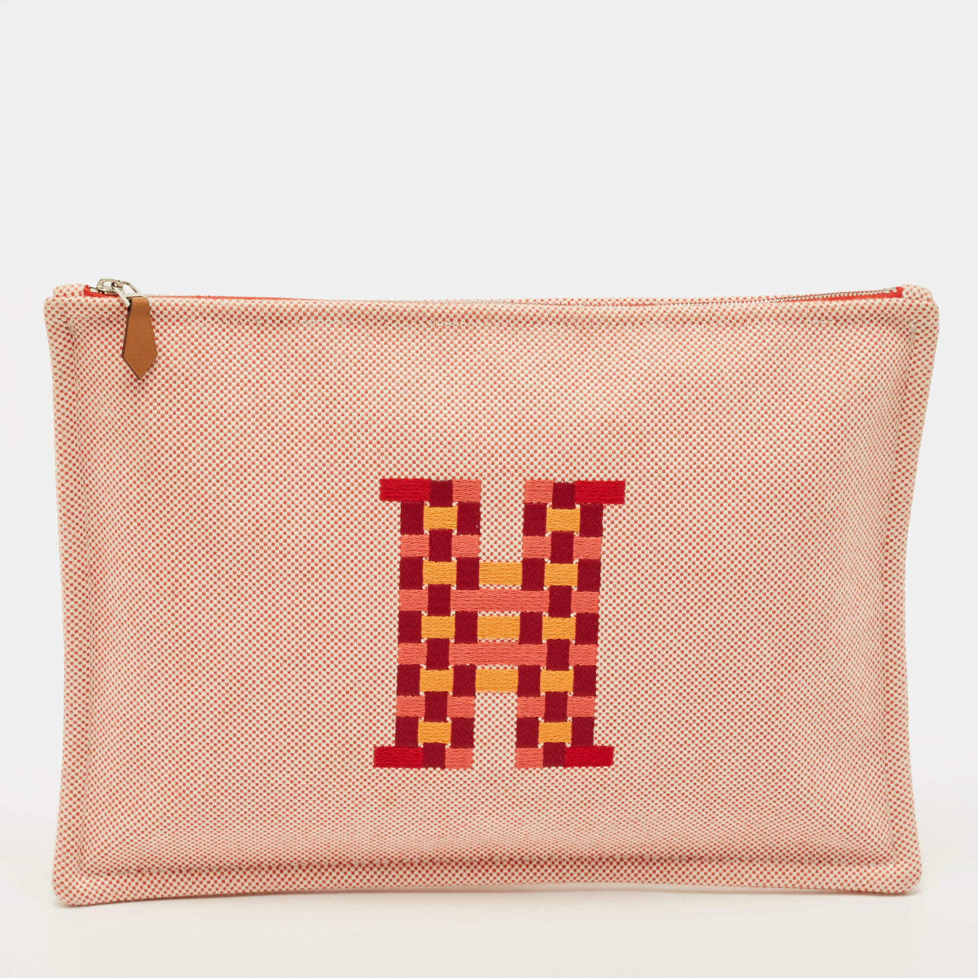 Pre Owned Hermes H Tissage Vermilion Canvas Pouch