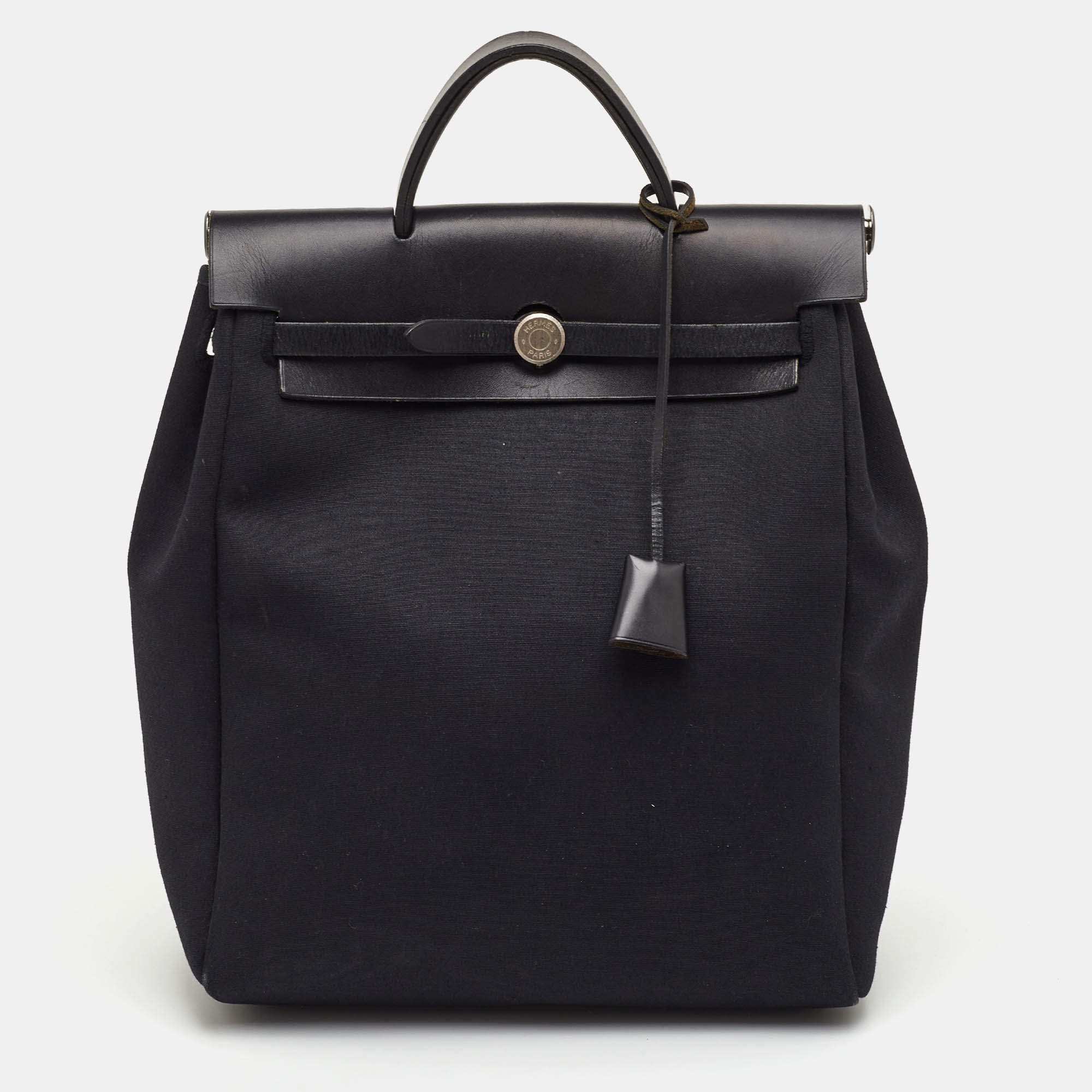 Pre Owned Hermes Herbag Black Toile Canvas and Vache Hunter Top Handle Bag