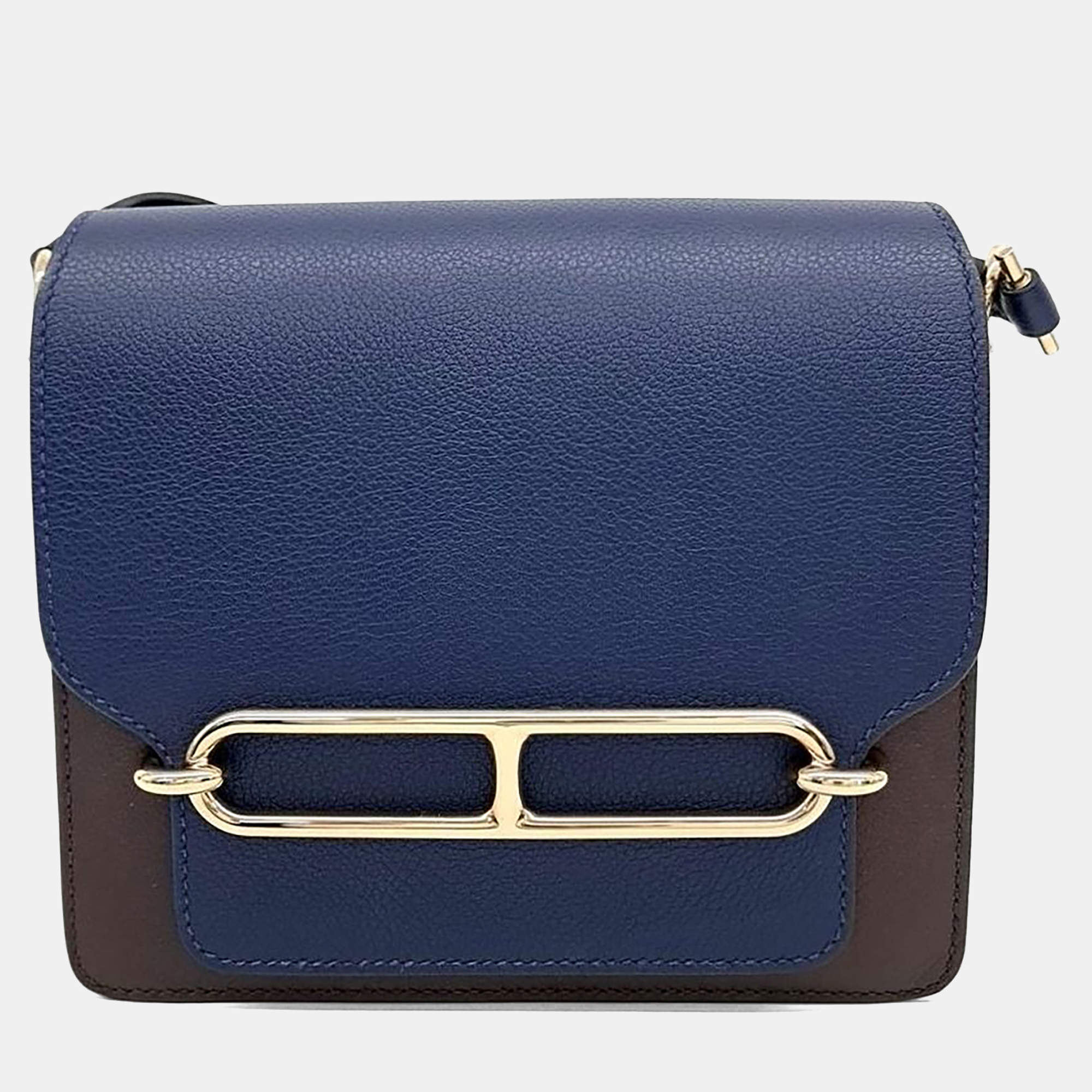 مملوكة مسبقًا Hermes Blue, Brown Leather Rulis Handbag 18 (Z)