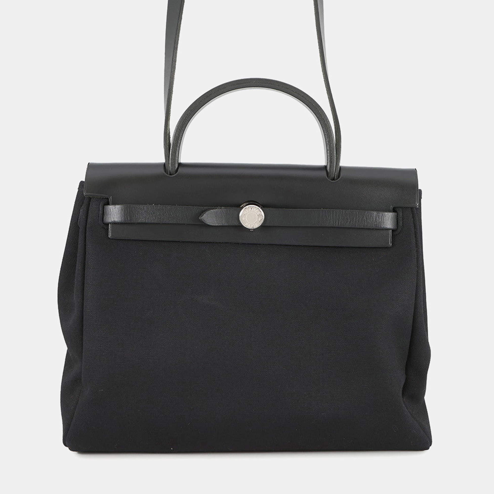 مملوكة مسبقًا Hermes Herbag Black Toile Officier Vache Hunter Leather Size Pm