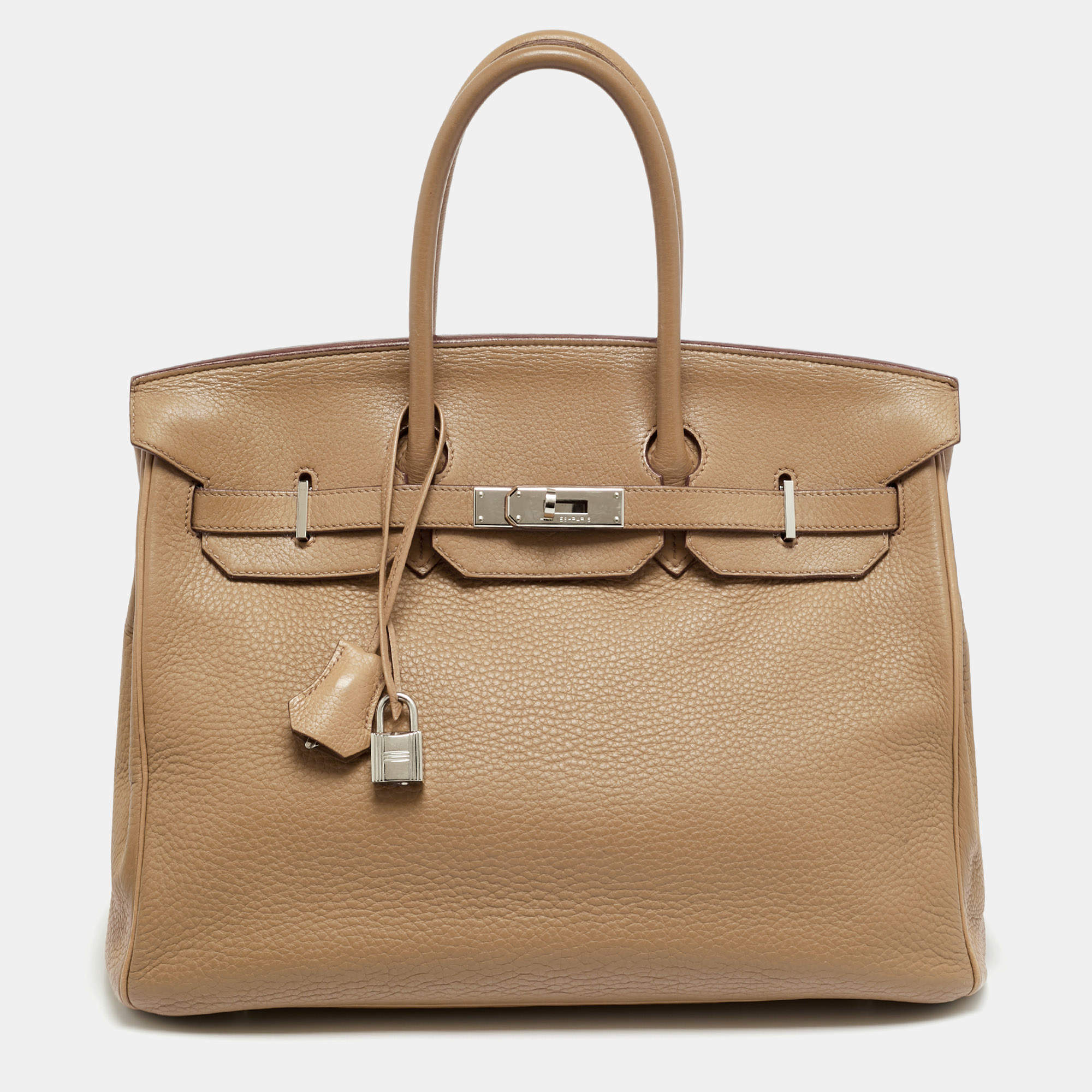 Pre Owned Hermes Birkin 35 Palladium Finish Tabac Camel Taurillon Clemence Leather Tote