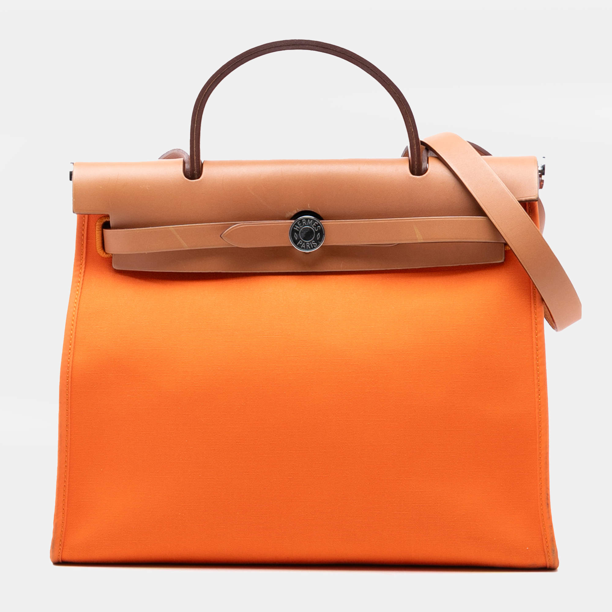 Pre Owned Hermes Brown Orange Toile Herbag Zip 31