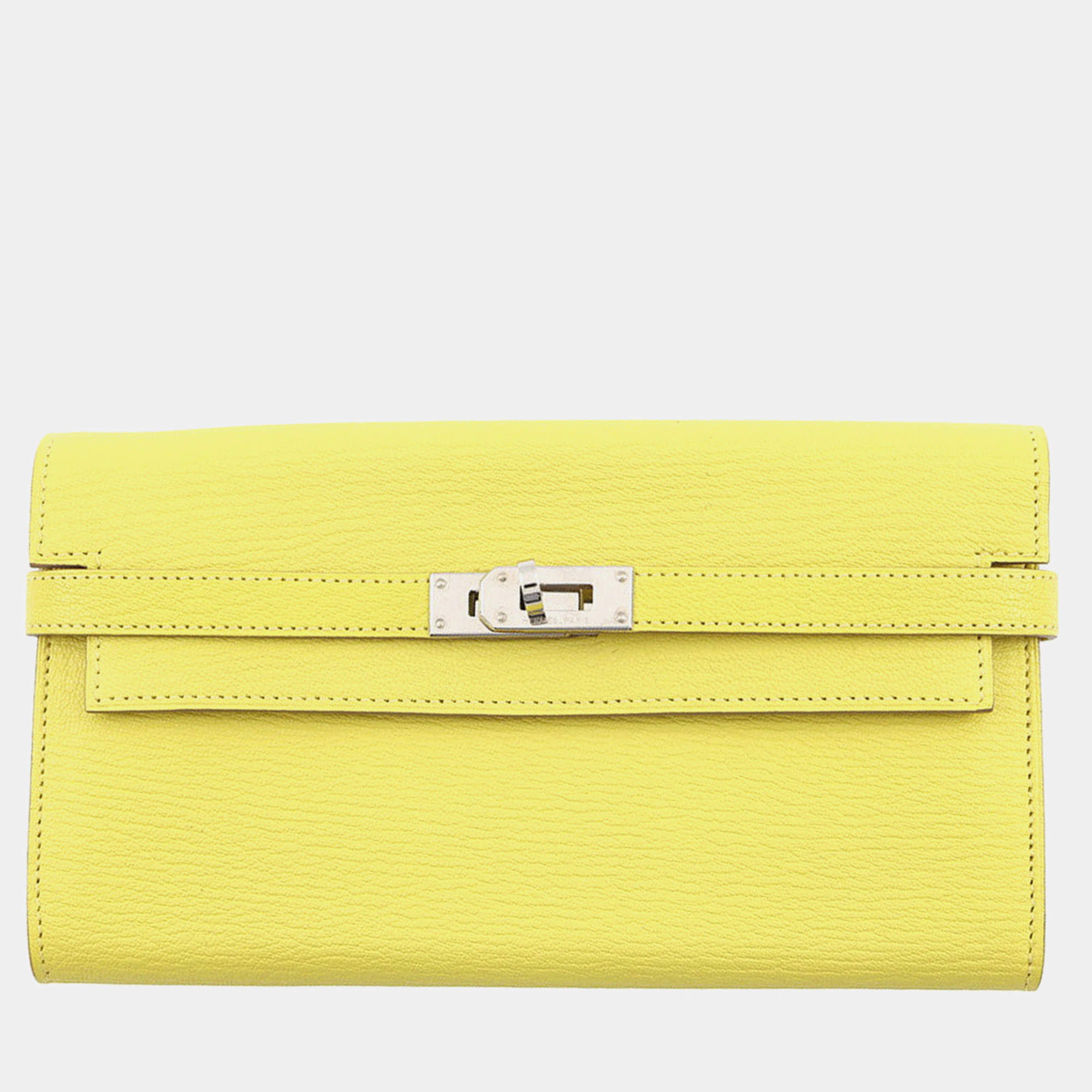 Pre Owned Hermes Kelly Wallet Long Lime Chevre Myzore Goatskin