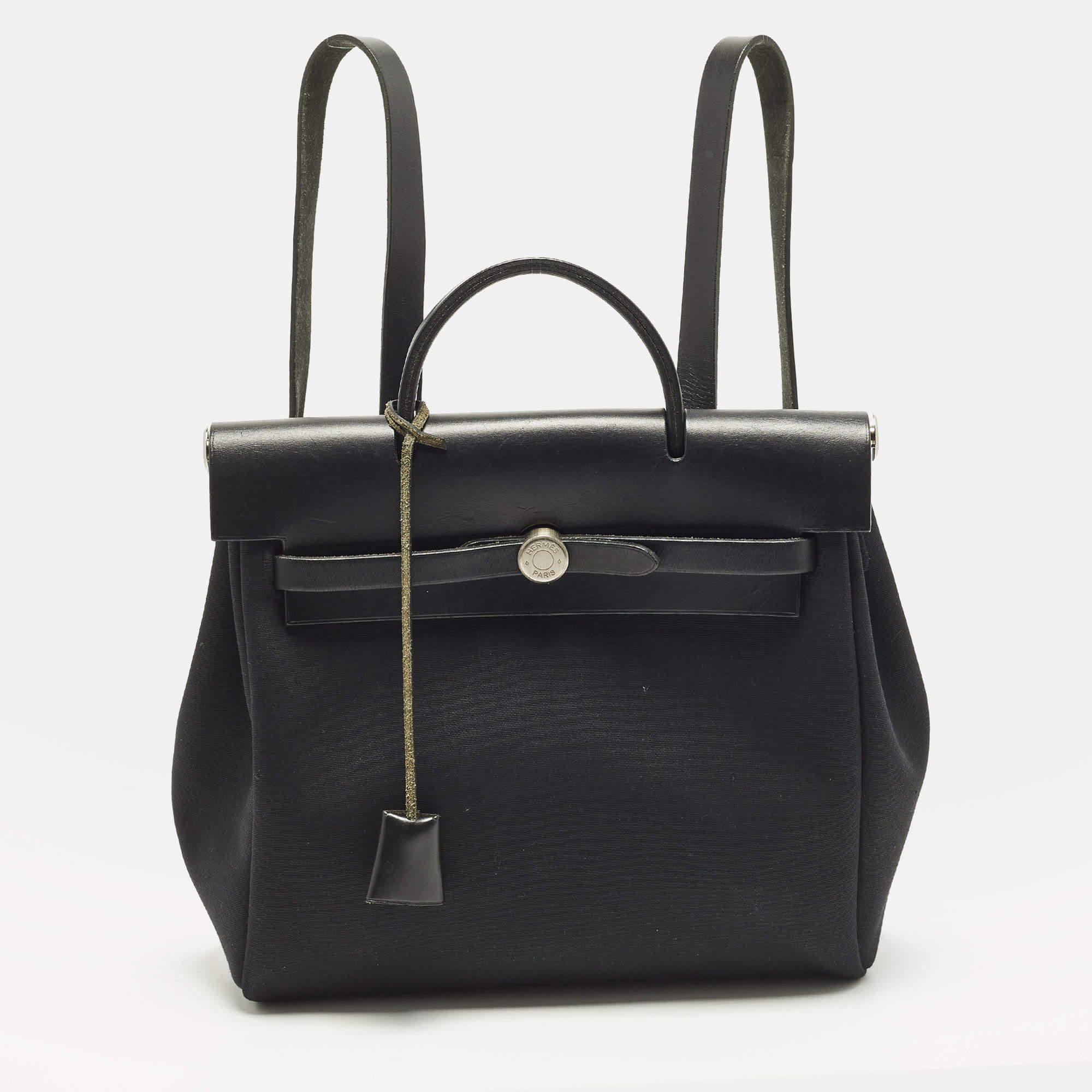 Pre Owned Hermes Herbag 2-in-1 Black Canvas and Vache Hunter Leather Backpack