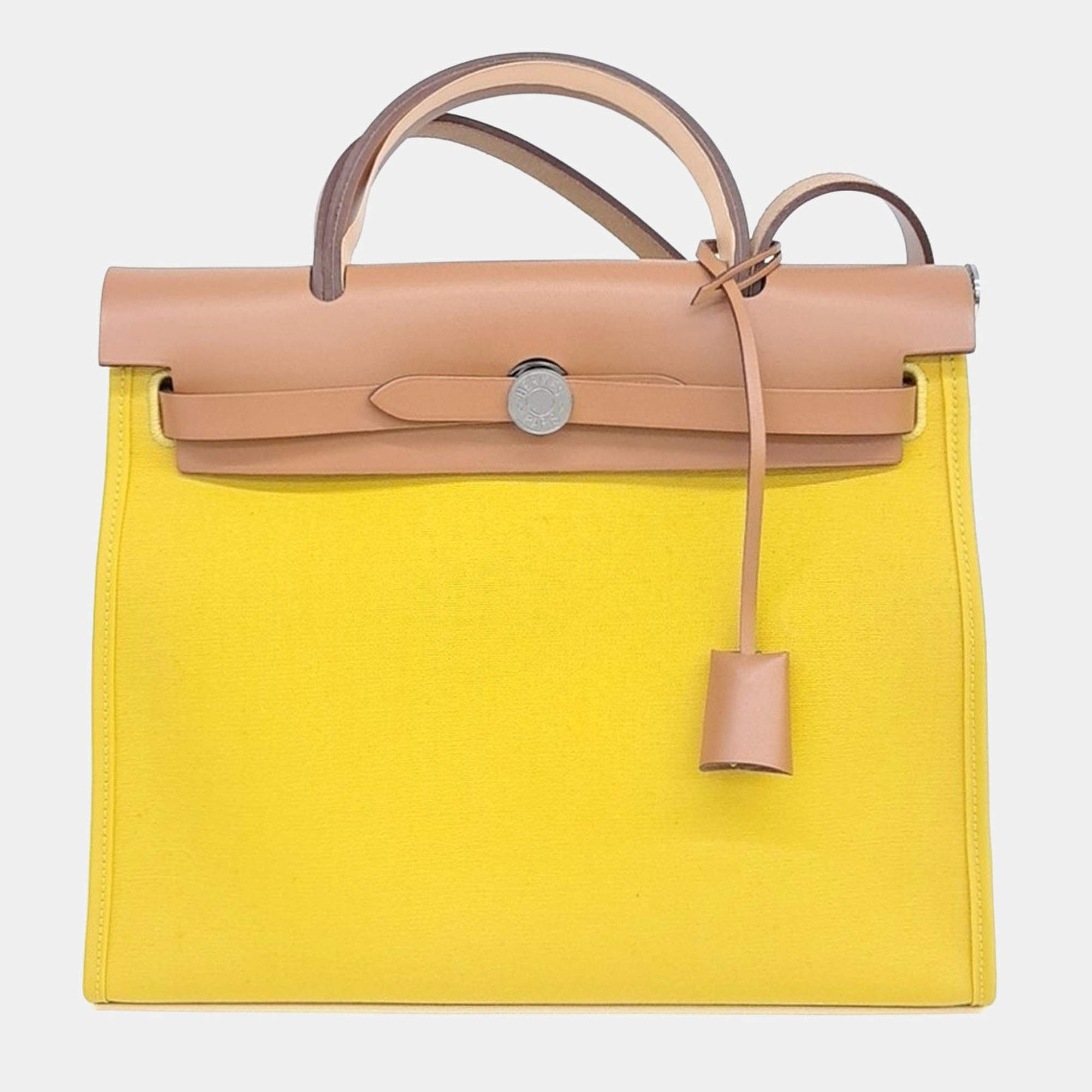 Pre Owned Hermes Beige Yellow Fabric NEW ZIP Herbag Small