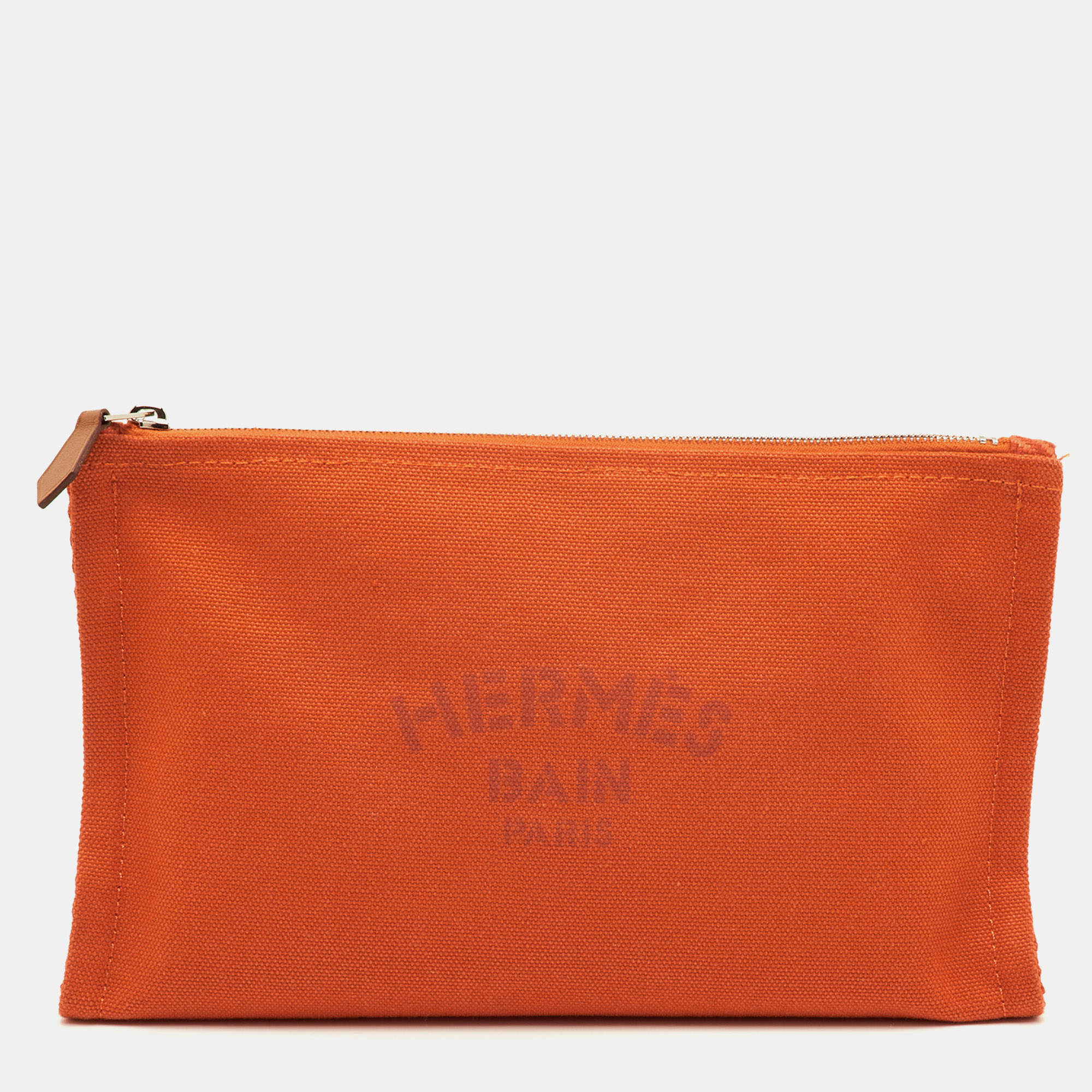 Pre Owned Hermes Yachting PM Flat Orange Toile Canvas Pouch Clutch Bag