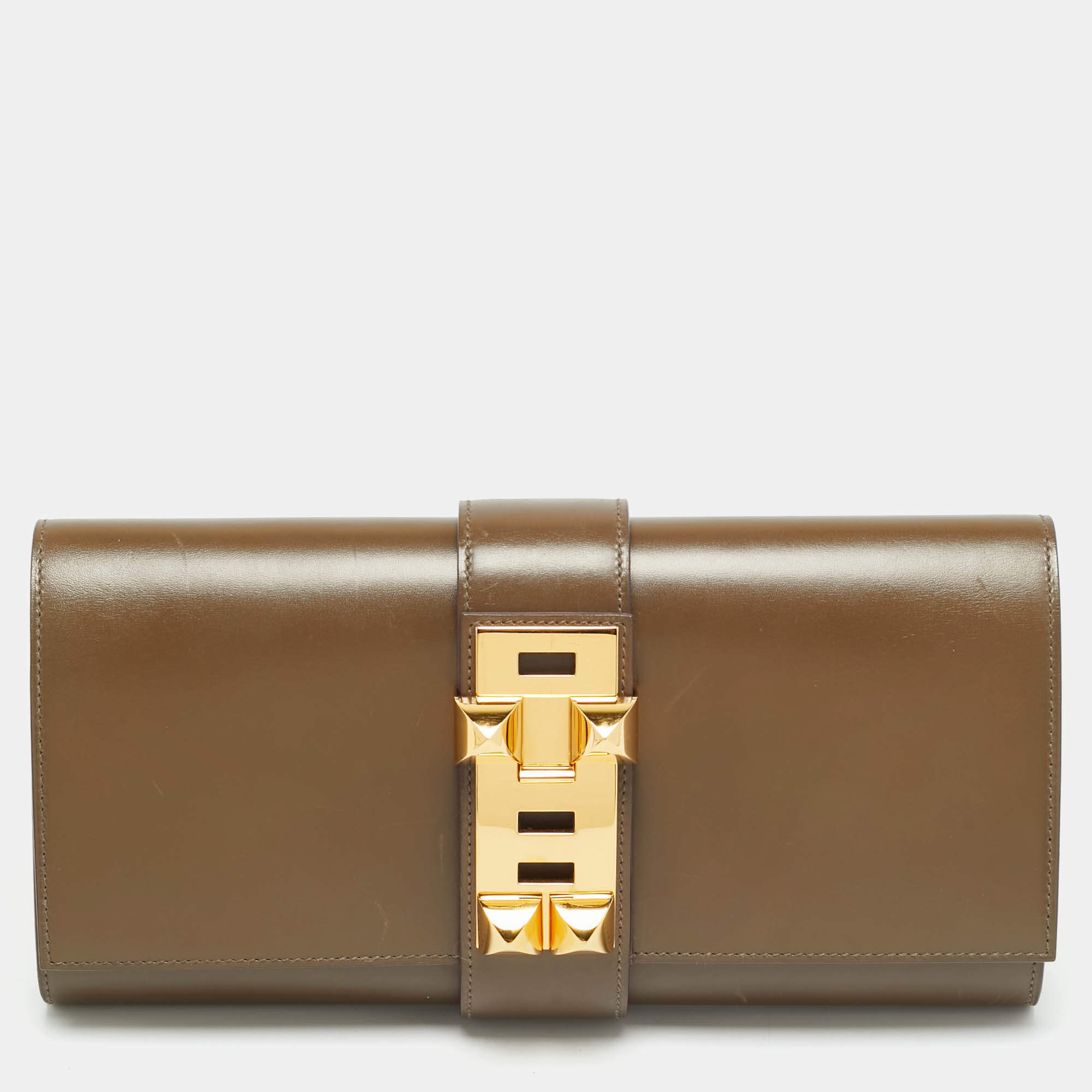 Pre Owned Hermes Medor 29 Vert Olive Box Leather Clutch