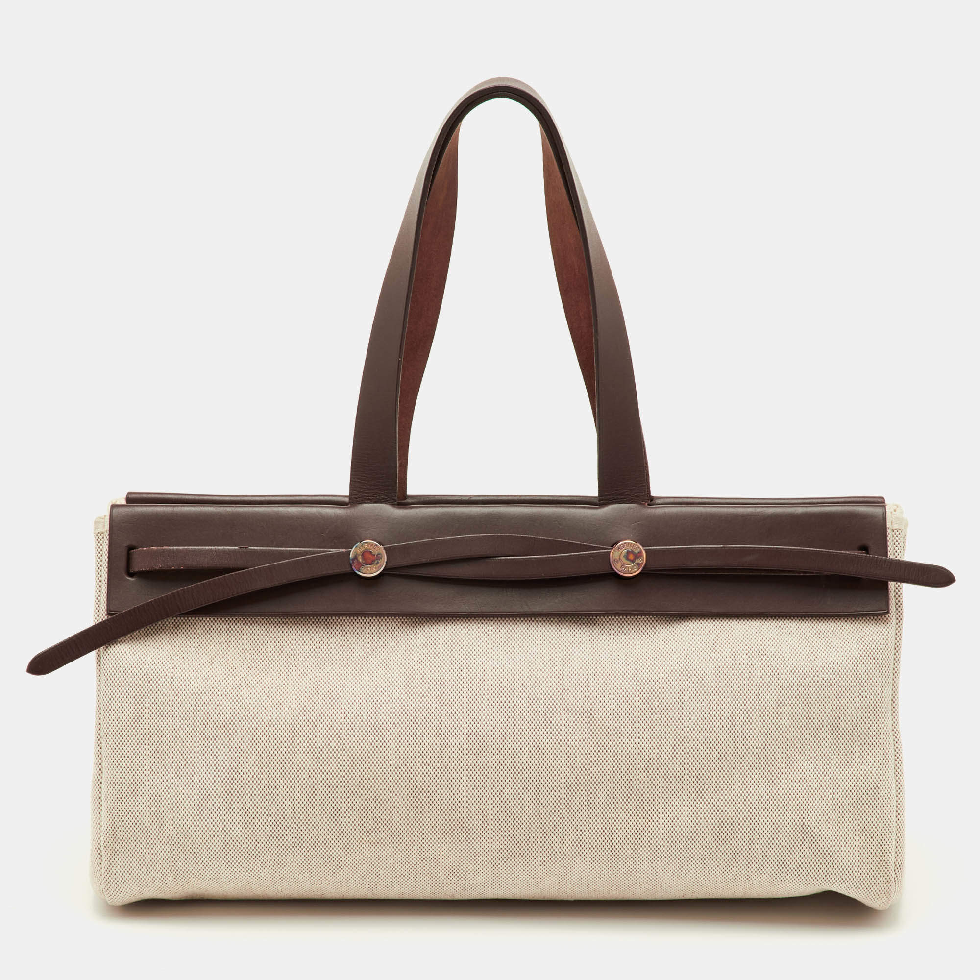 Pre Owned Hermes Herbag Cabas MM Natural/Chocolate Toile and Vache Hunter Bag