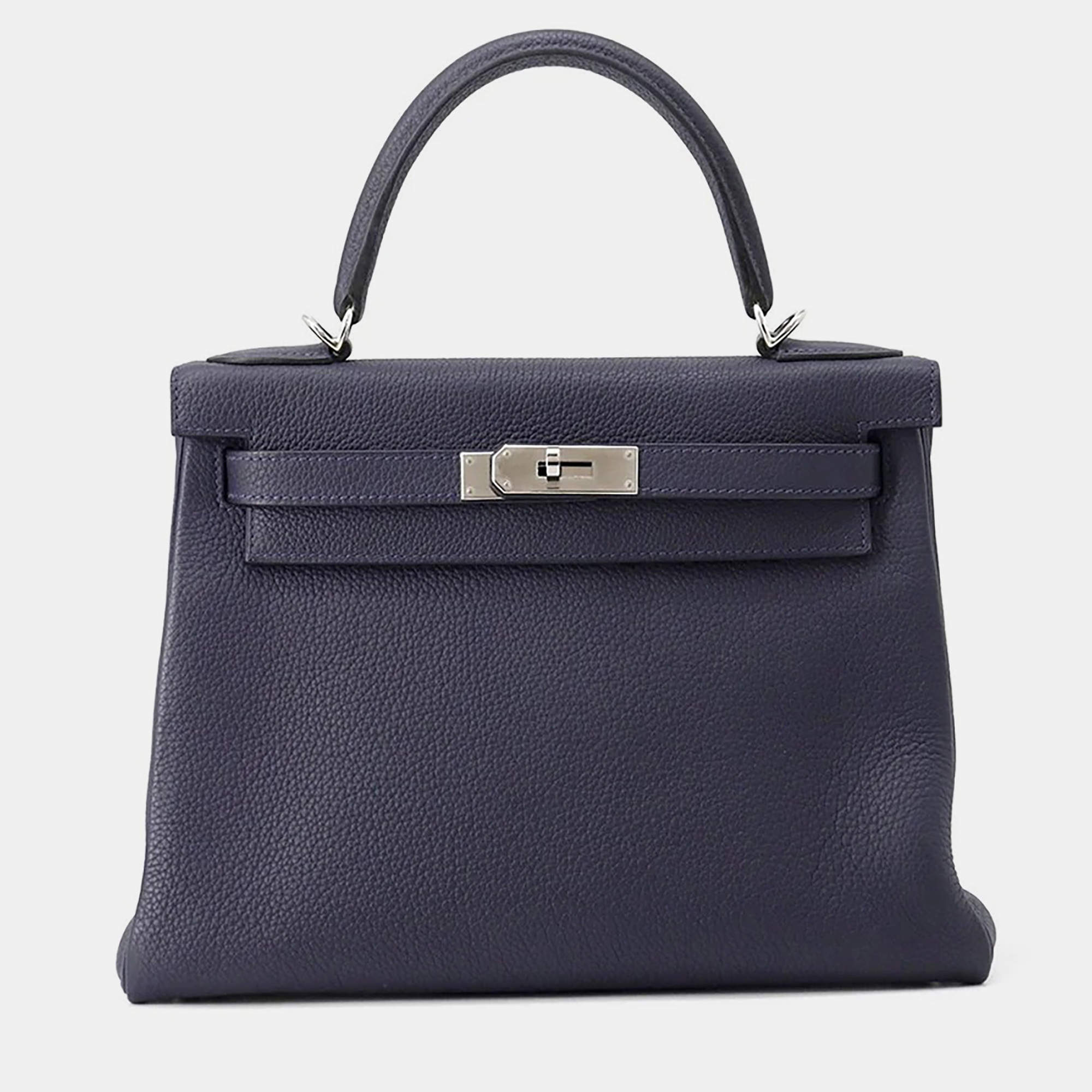 Pre Owned Hermes Kelly Retourne Blue Nuit Togo Leather Size 28
