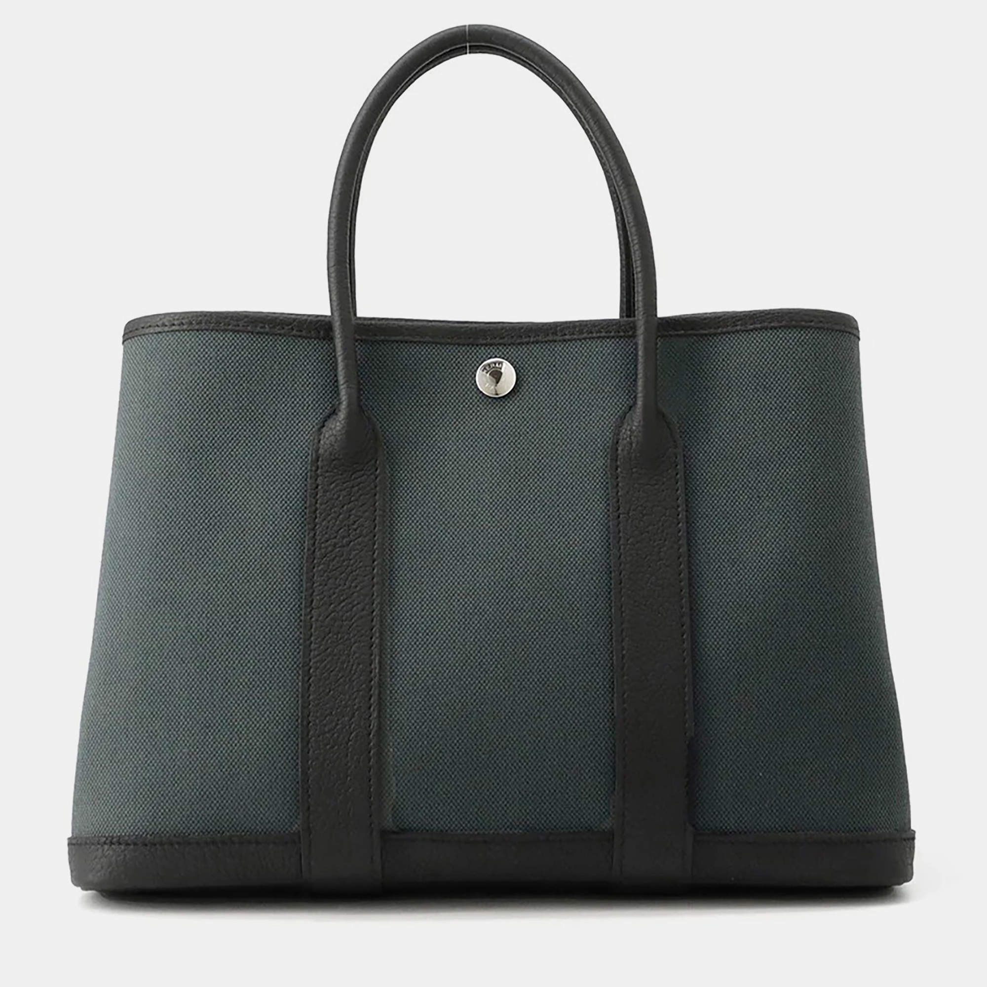 Pre Owned Hermes Garden Party Vert Mangrove/Black Toile Military Negonda Leather Size Tpm