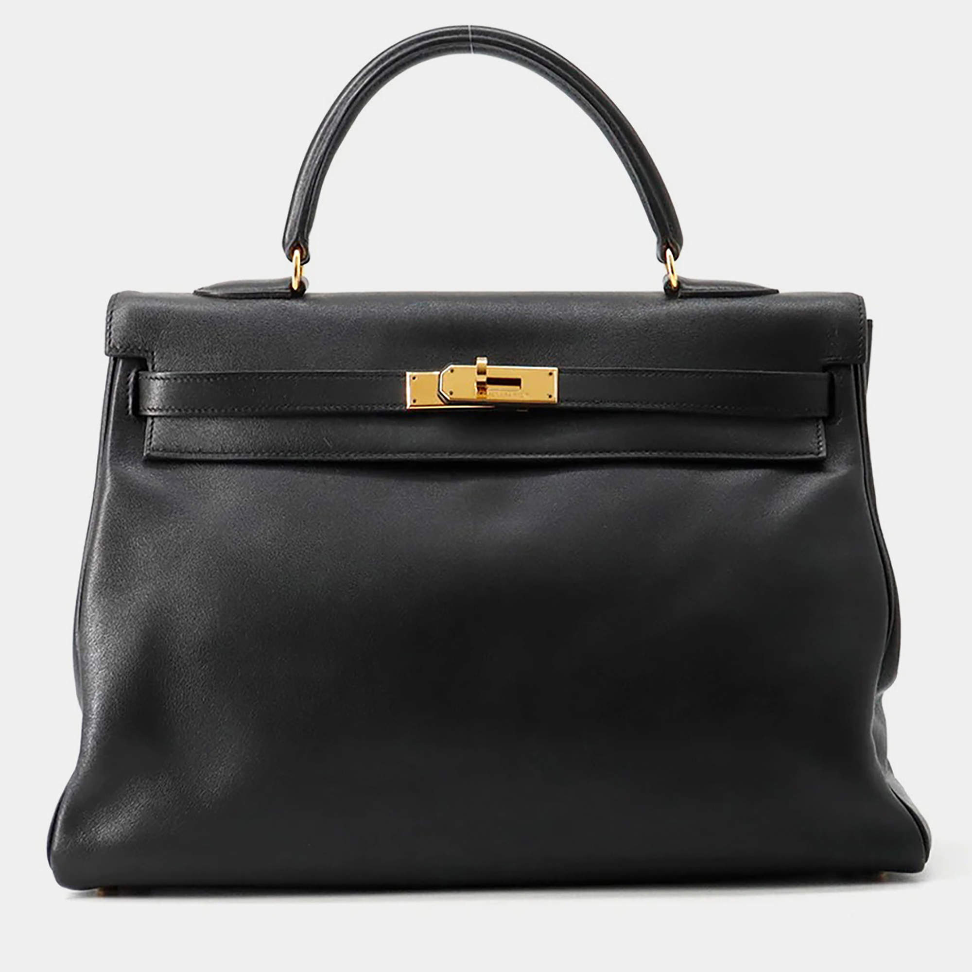 Pre Owned Hermes Kelly Retourne Black Gulliver Leather Size 35