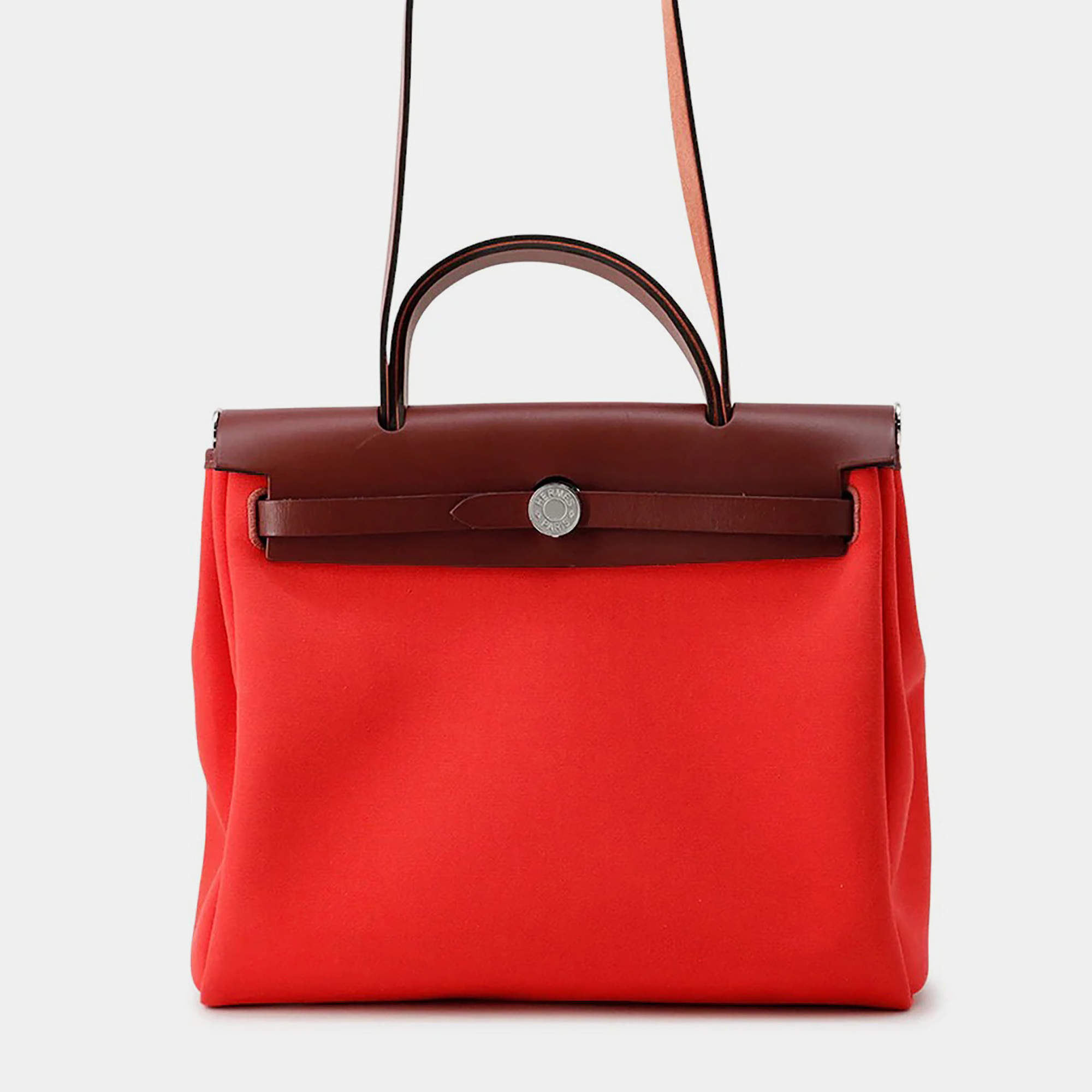 Pre Owned Hermes Herbag Zip Rougesellier Toile Officier Box Calf Leather Size Pm