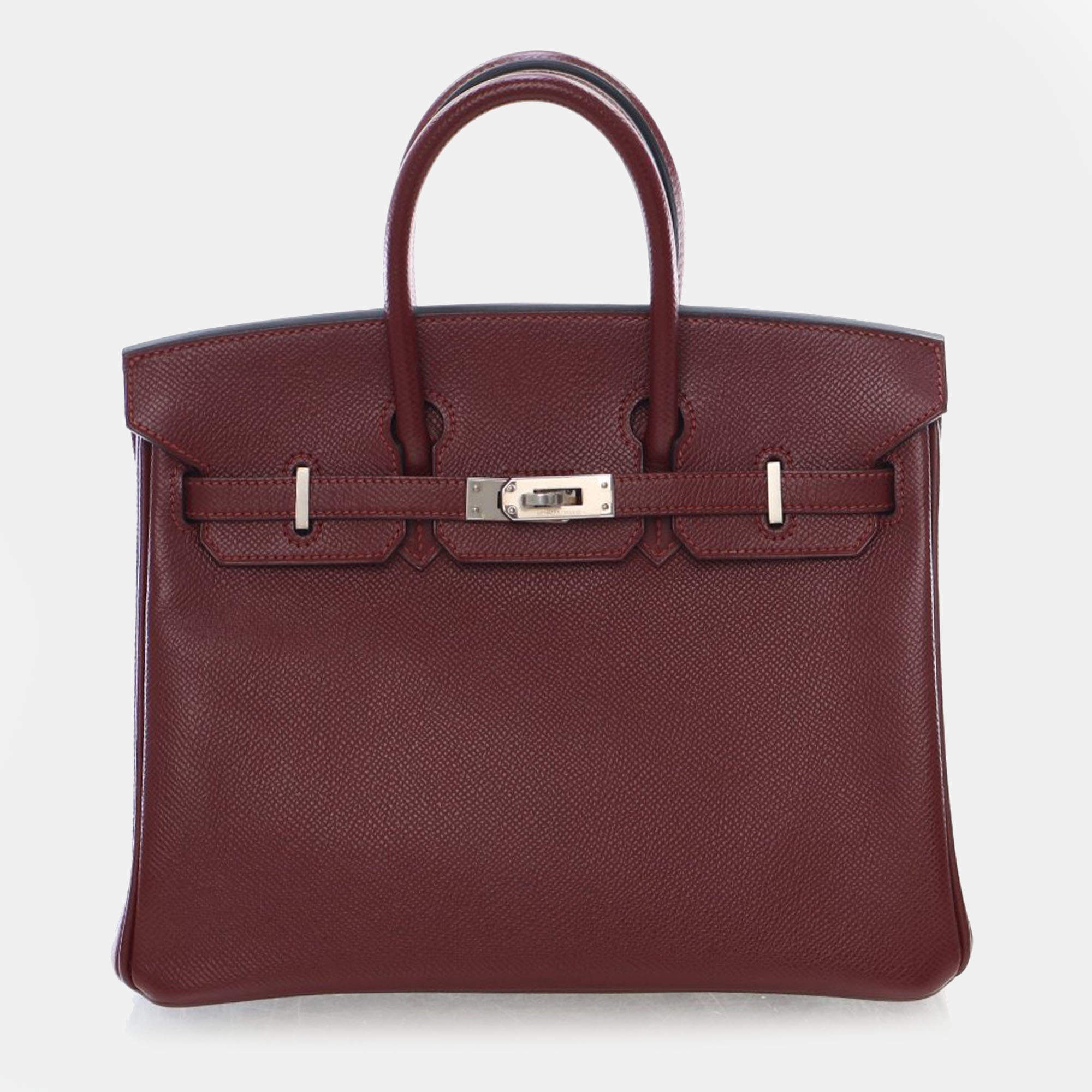 Pre Owned Hermes Birkin 25 Burgundy Epsom Calfskin Leather Top Handle Bag