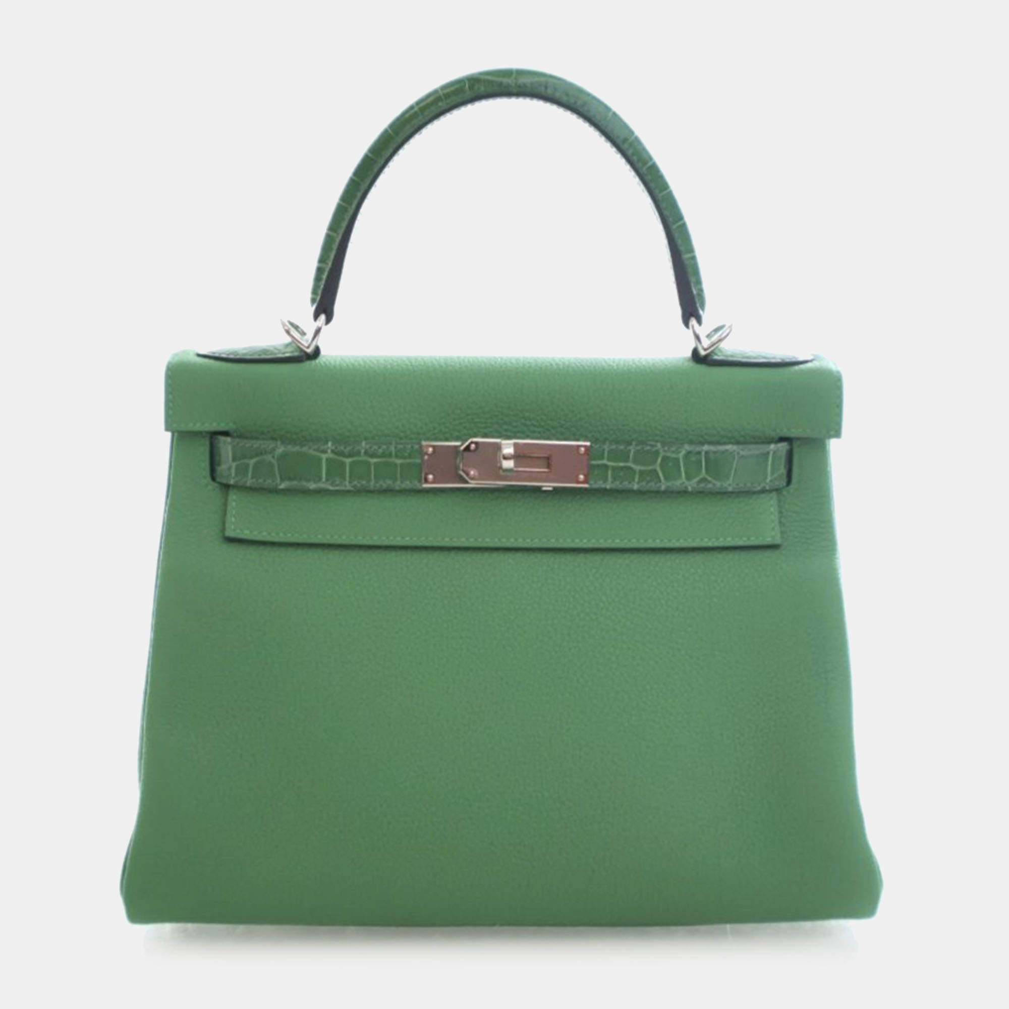 Pre Owned Hermes Kelly Touch 28 Green Togo Calfskin Leather Top Handle Bag