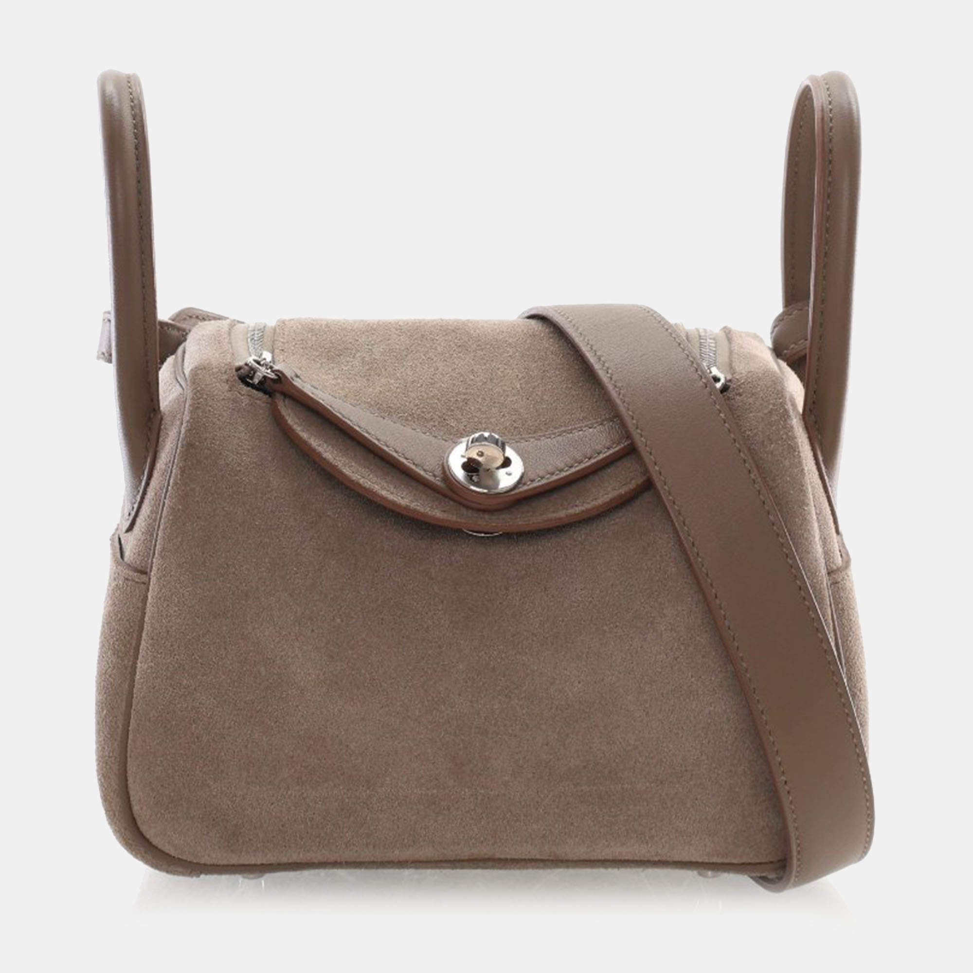 مملوكة مسبقًا Hermes Lindy Mini 20 Gris Caillou Etoupe Grizzly Suede Top Handle Bag