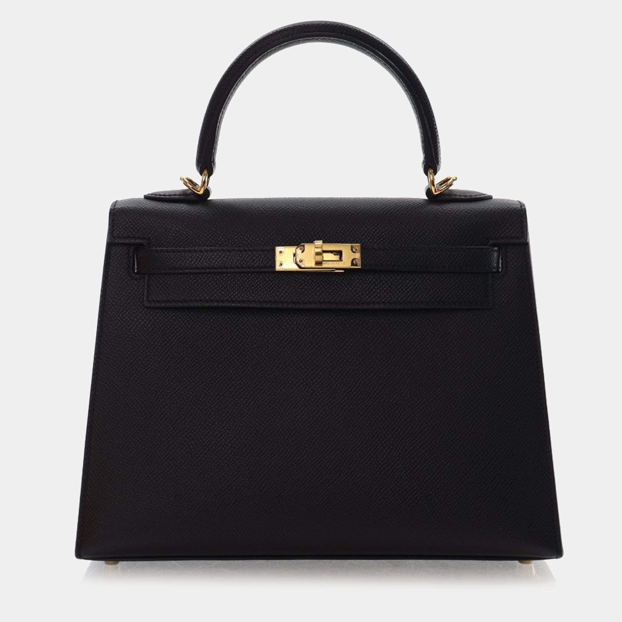 Pre Owned Hermes Sellier Kelly 25 Black Epsom Calfskin Leather Top Handle Bag