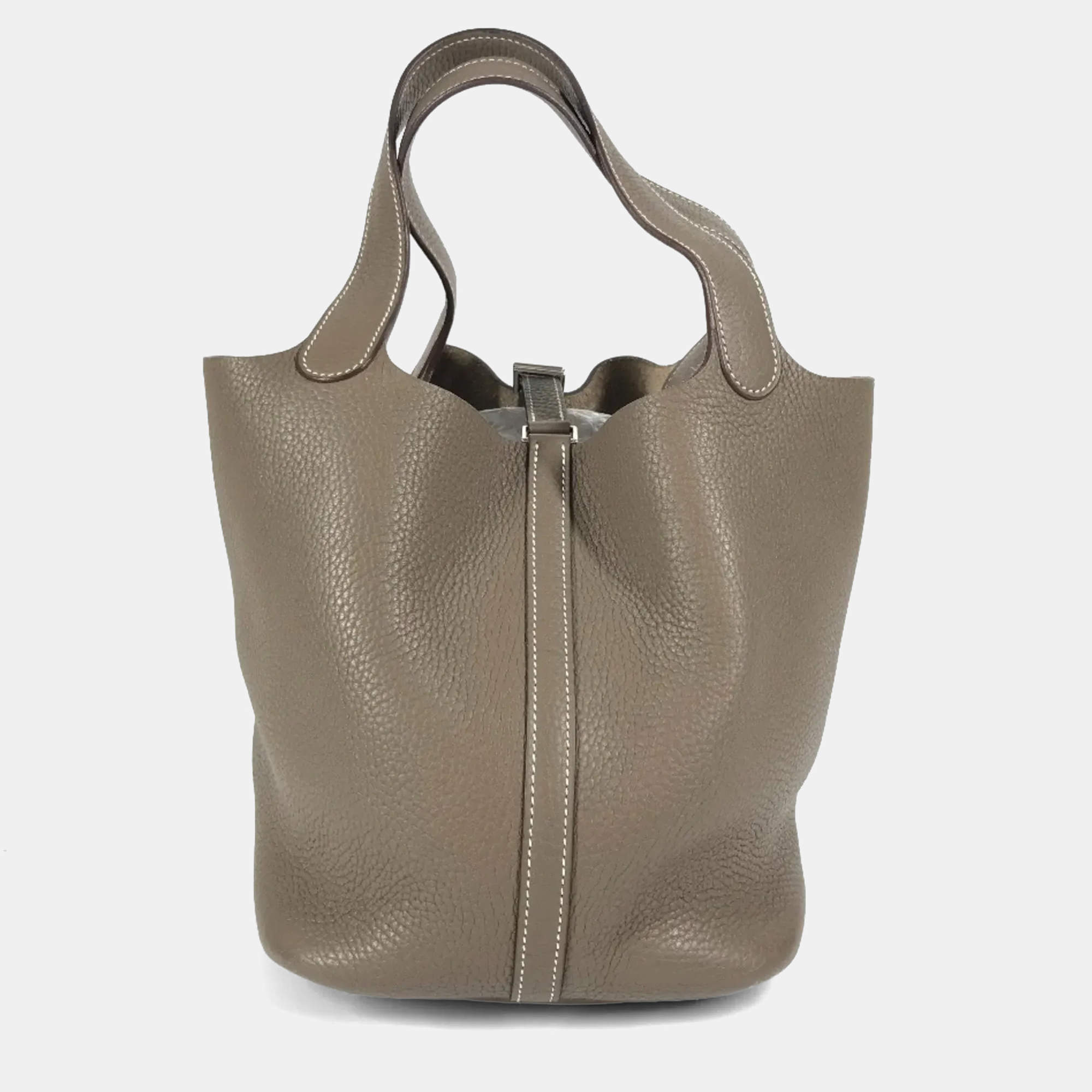 مملوكة مسبقًا Hermes Picotin Lock 22 Handbag Taurillon Clemence Leather Etoupe Gray