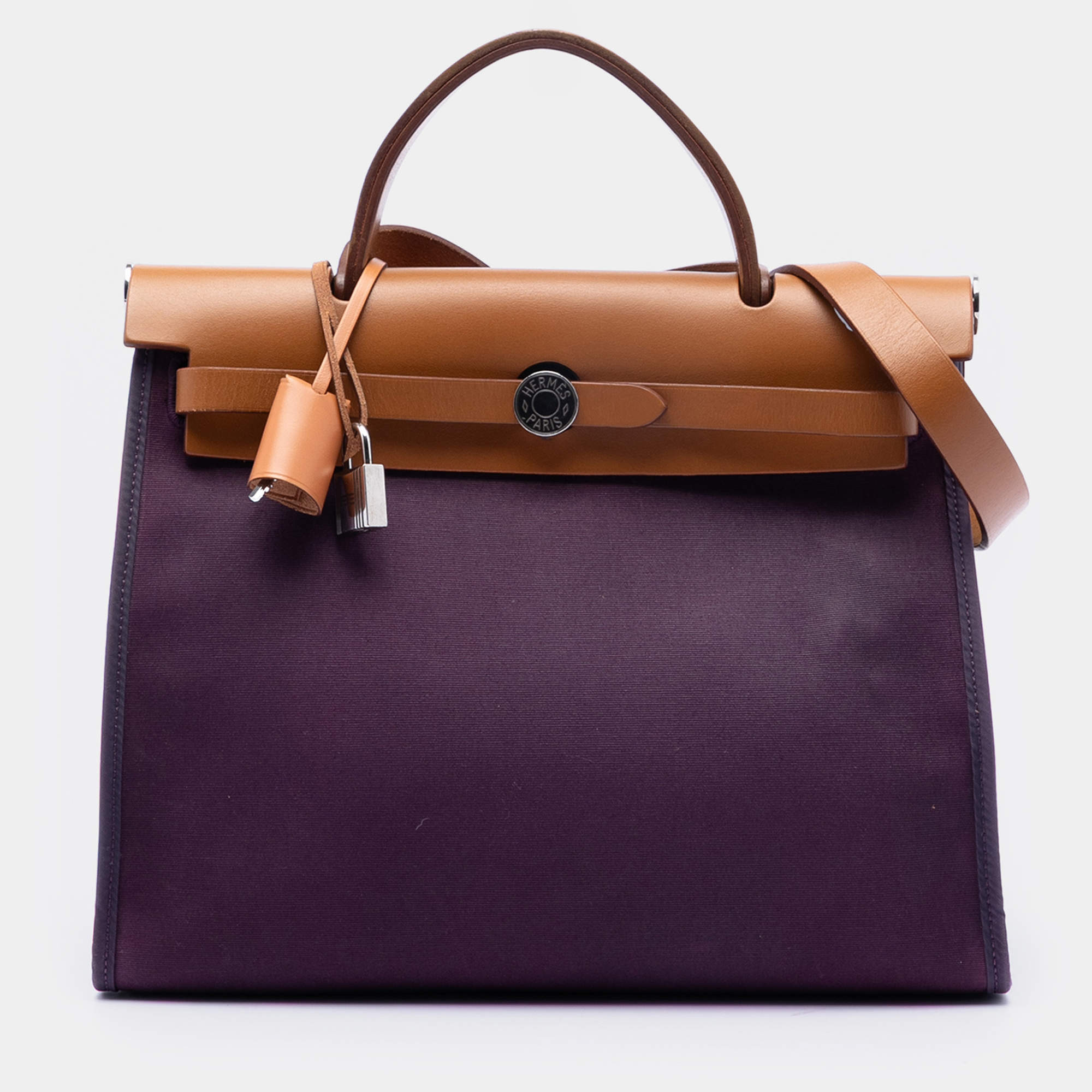 Pre Owned Hermes Brown Purple Toile Herbag Zip 31