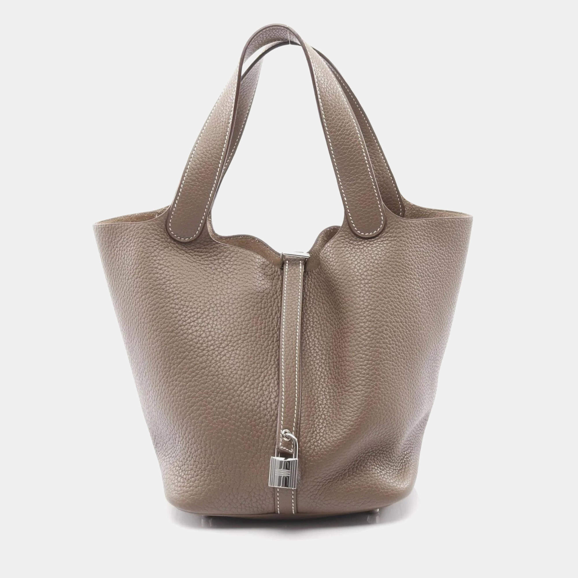 مملوكة مسبقًا Hermes Picotin Lock 21 Etoupe Handbag Trillion Clemence Leather Beige