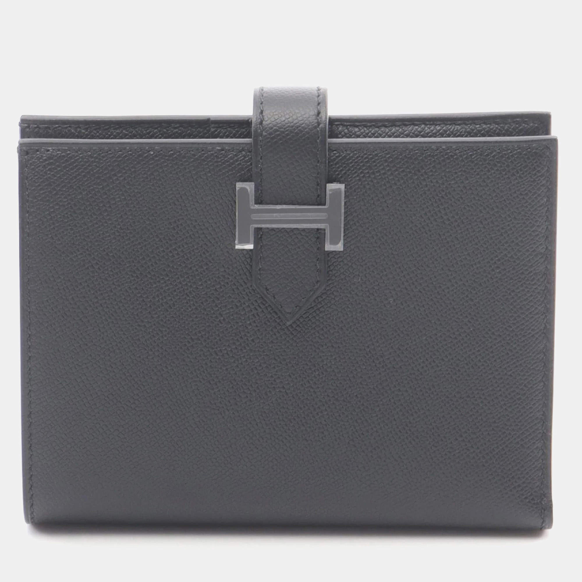 Pre Owned Hermes Bearn Compact Bi-Fold Wallet In Calfskin Leather Cowhide Black