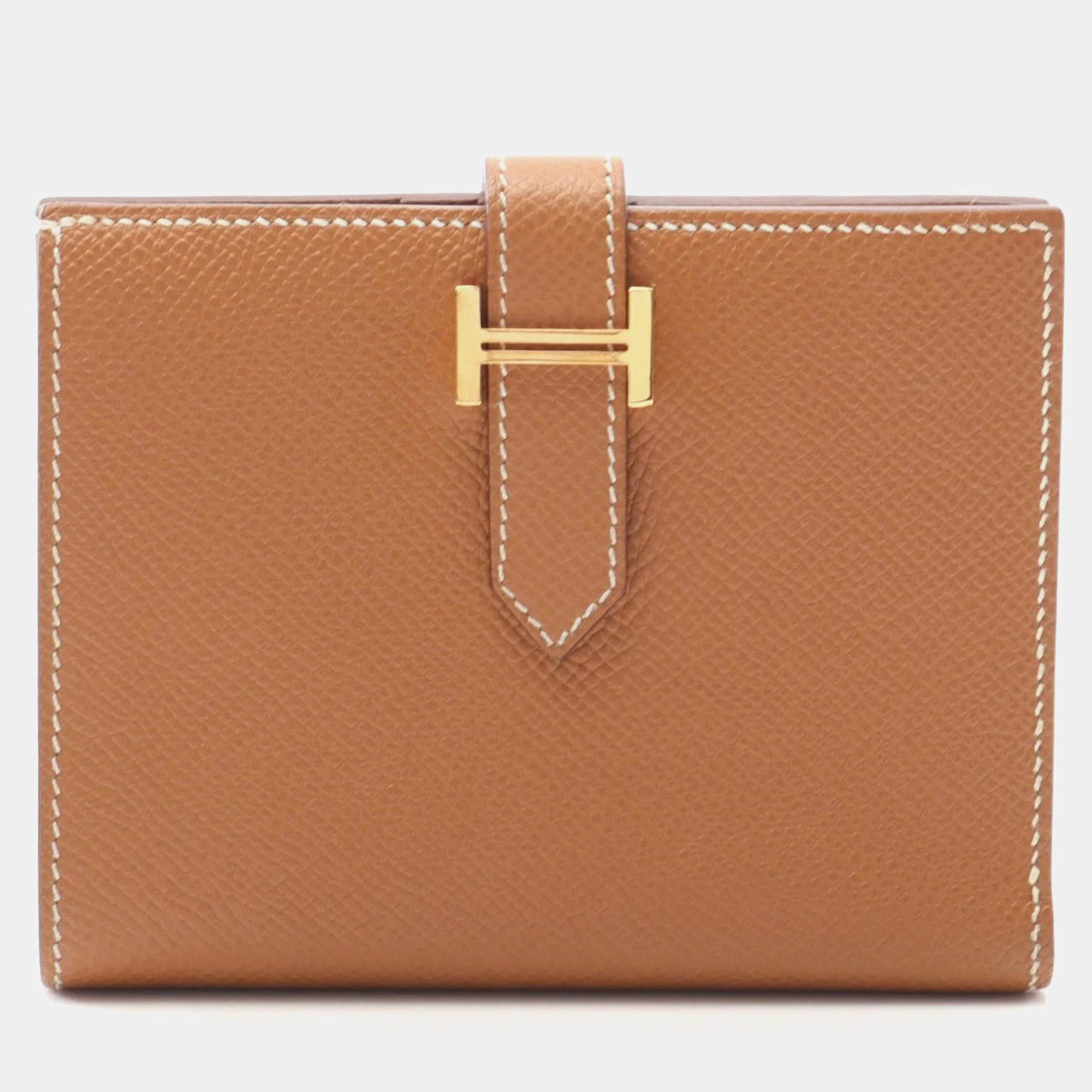 Pre Owned Hermes Bearn Compact Gold Bifold Wallet Epsom Leather Brown