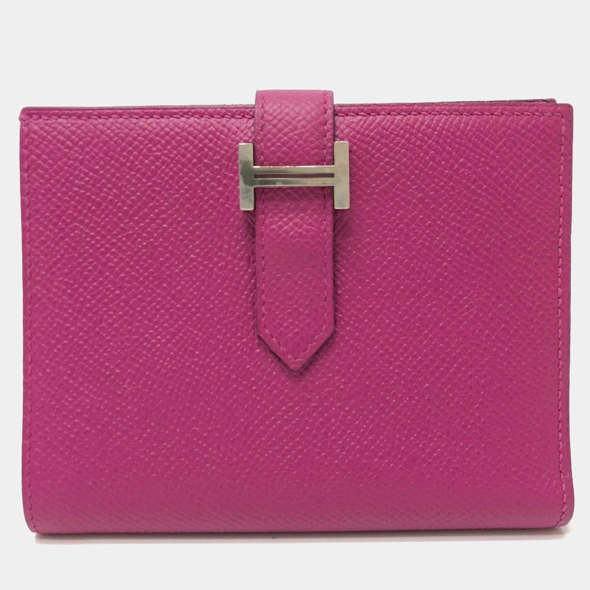 Pre Owned Hermes Bearn Compact Wallet With H Hardware Bi-Fold Wallet Epsom Leather Rose Purple
