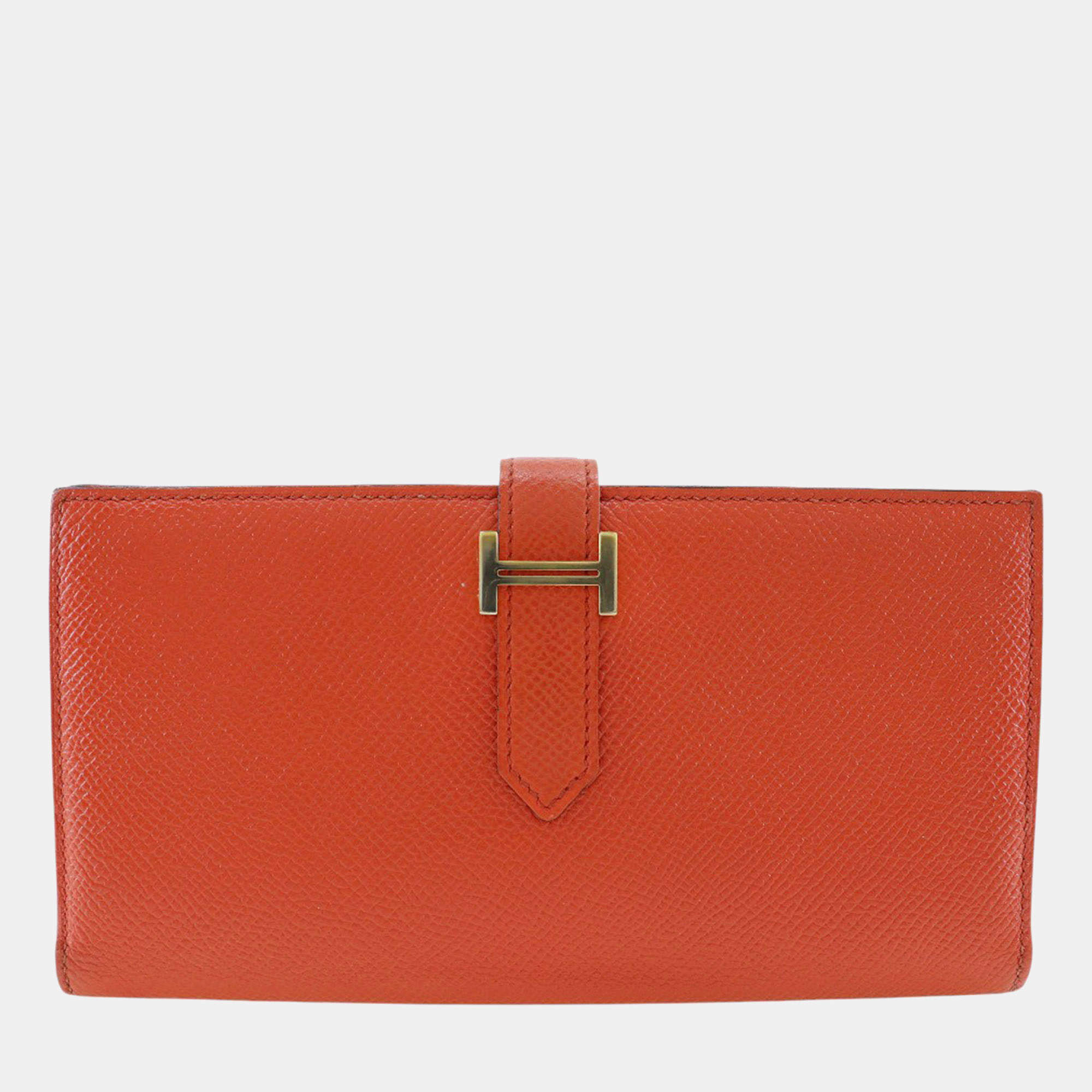 Pre Owned Hermes Orange Epsom Bearn Soufflet Wallet