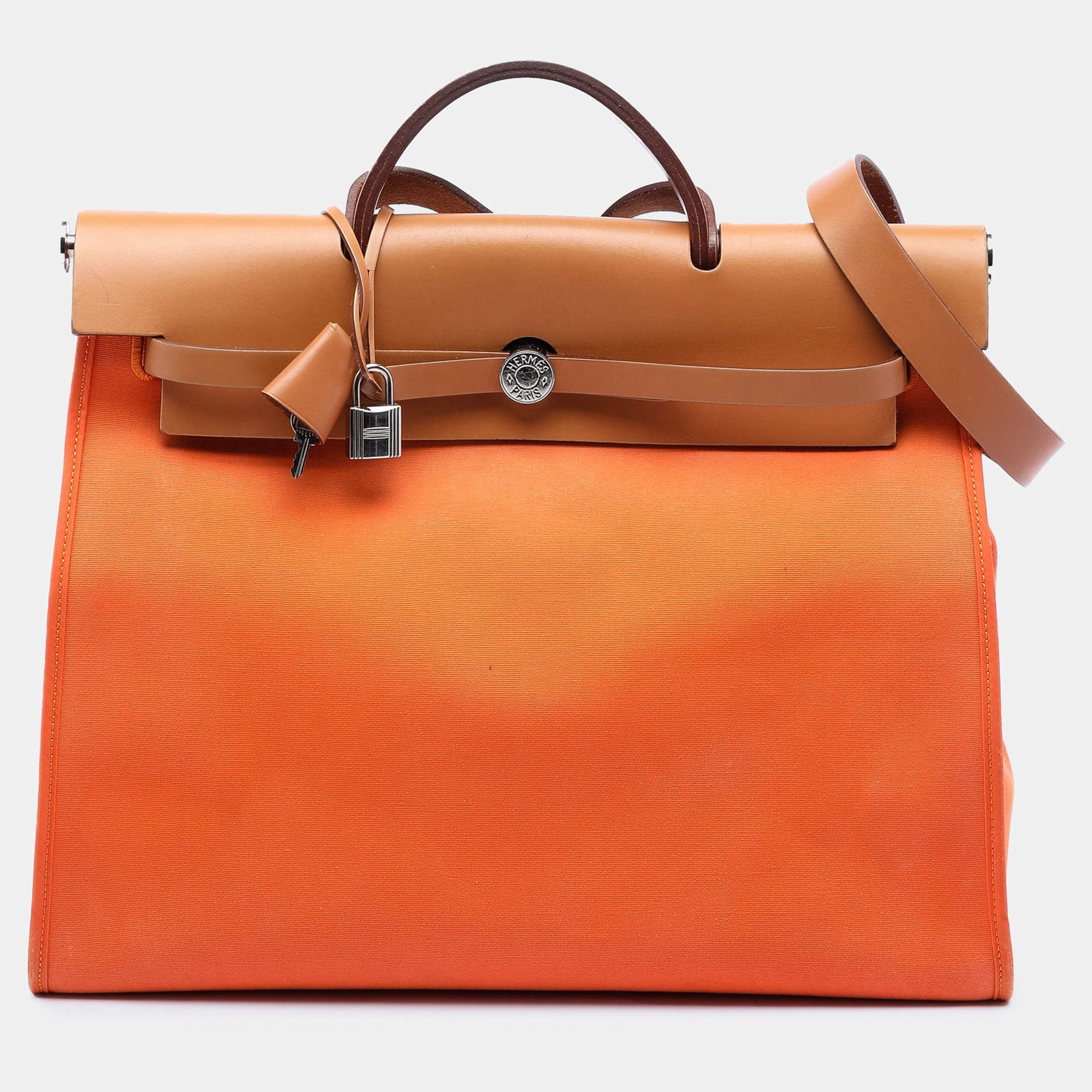 Pre Owned Hermes Brown Orange Toile Herbag Zip 31