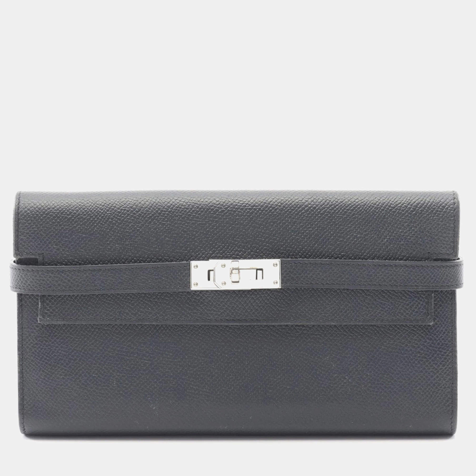 Pre Owned Hermes Kelly Wallet Long Verso Bifold Leather Calfskin Epsom Navy