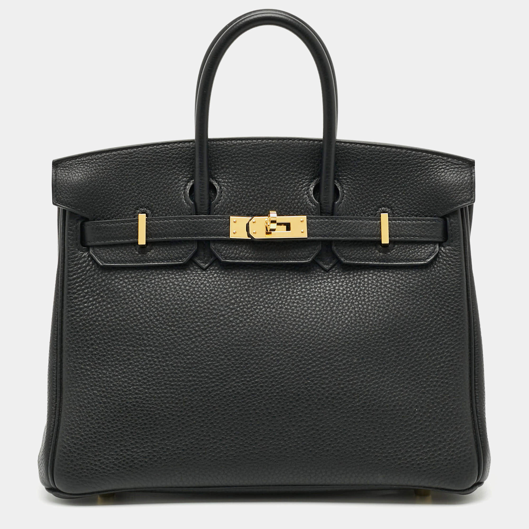 Pre Owned Hermes Birkin 25 Gold Finish Noir Togo Leather Tote