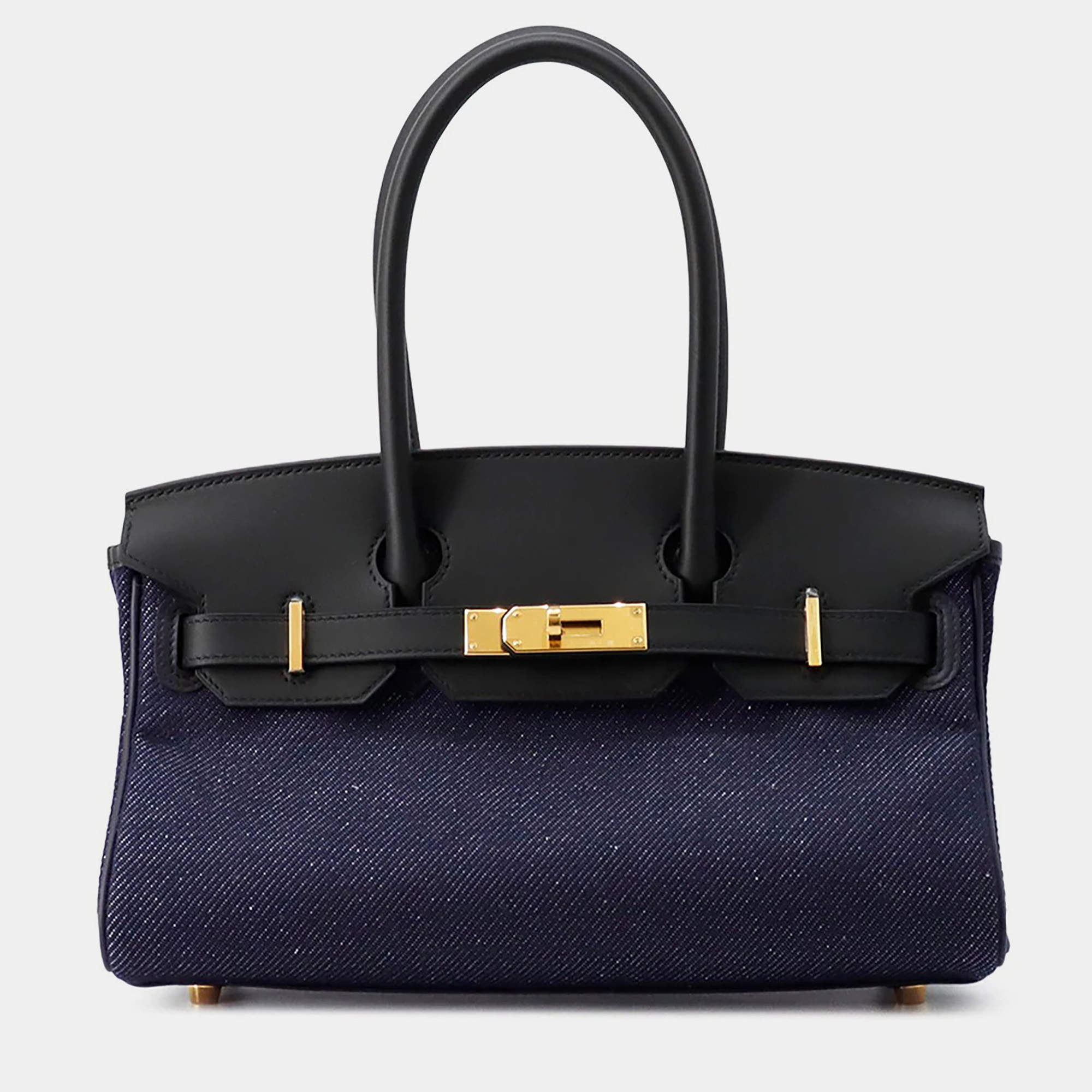 مملوكة مسبقًا حقيبة هيرمس شلدر بيركين كتف أزرق نيلي فاتح/أسود جلد سوفت قماش جان حجم 29