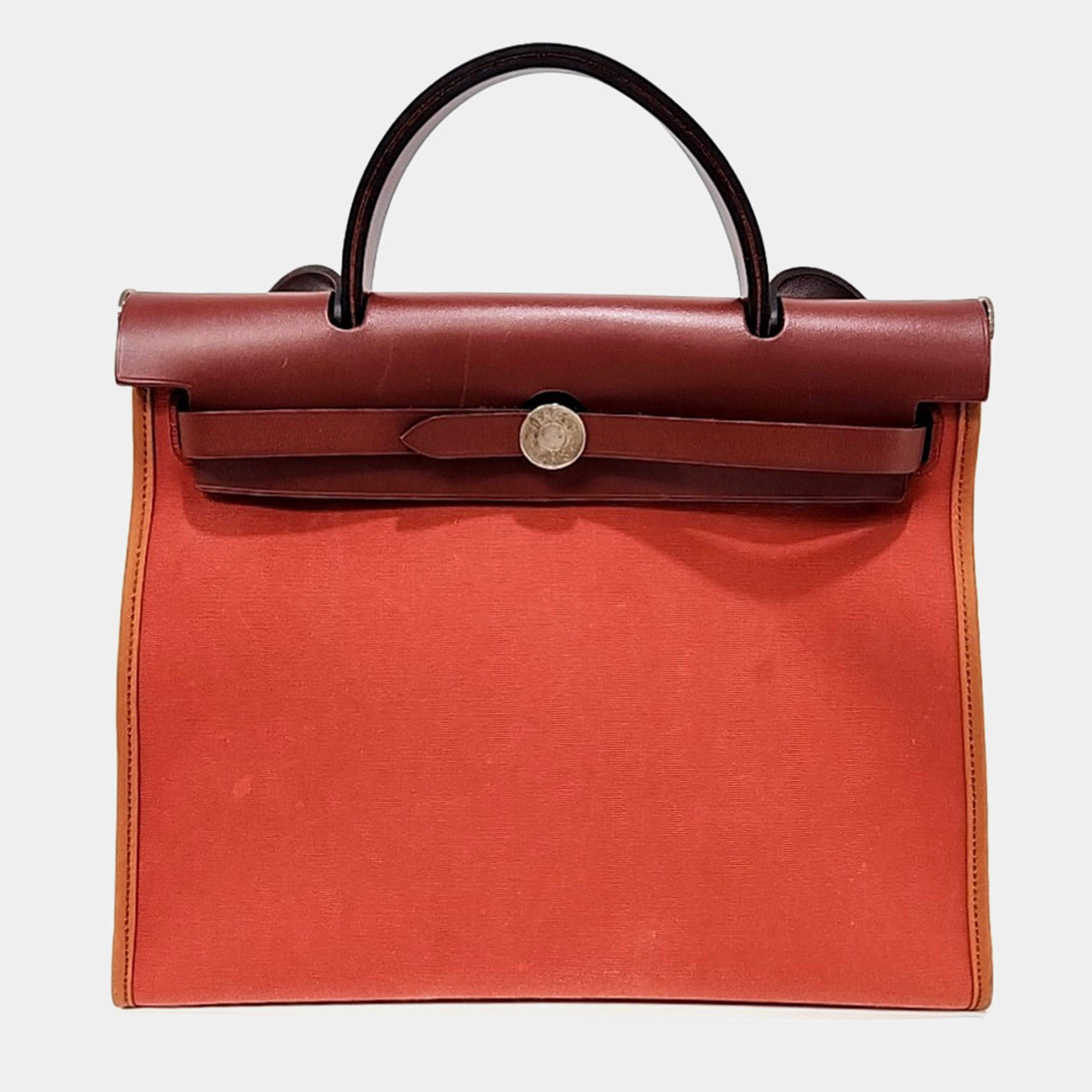 Pre Owned Hermes Brown/Red Canvas and Leather New Zip Herbag Small (T)
