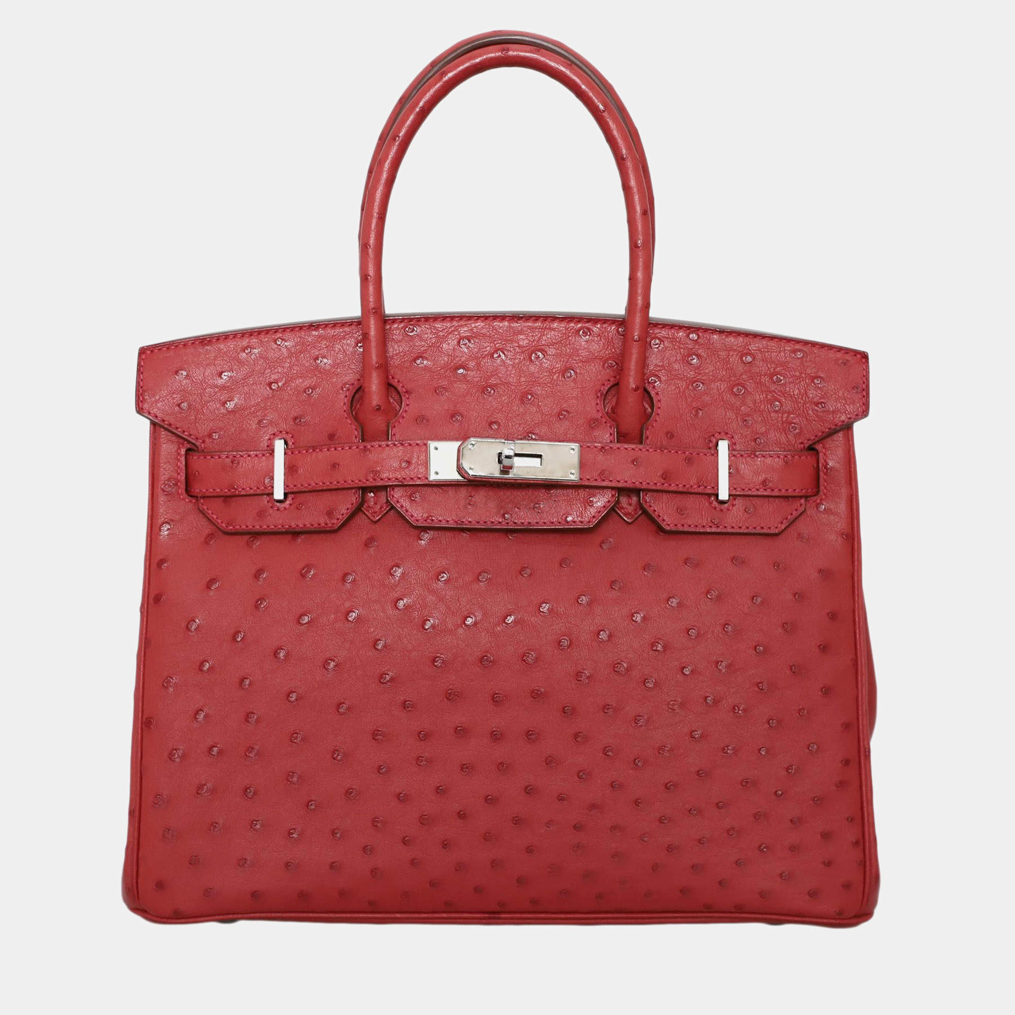 Pre Owned Hermes Birkin 30 Rouge Vif Ostrich Leather Top Handle Bag