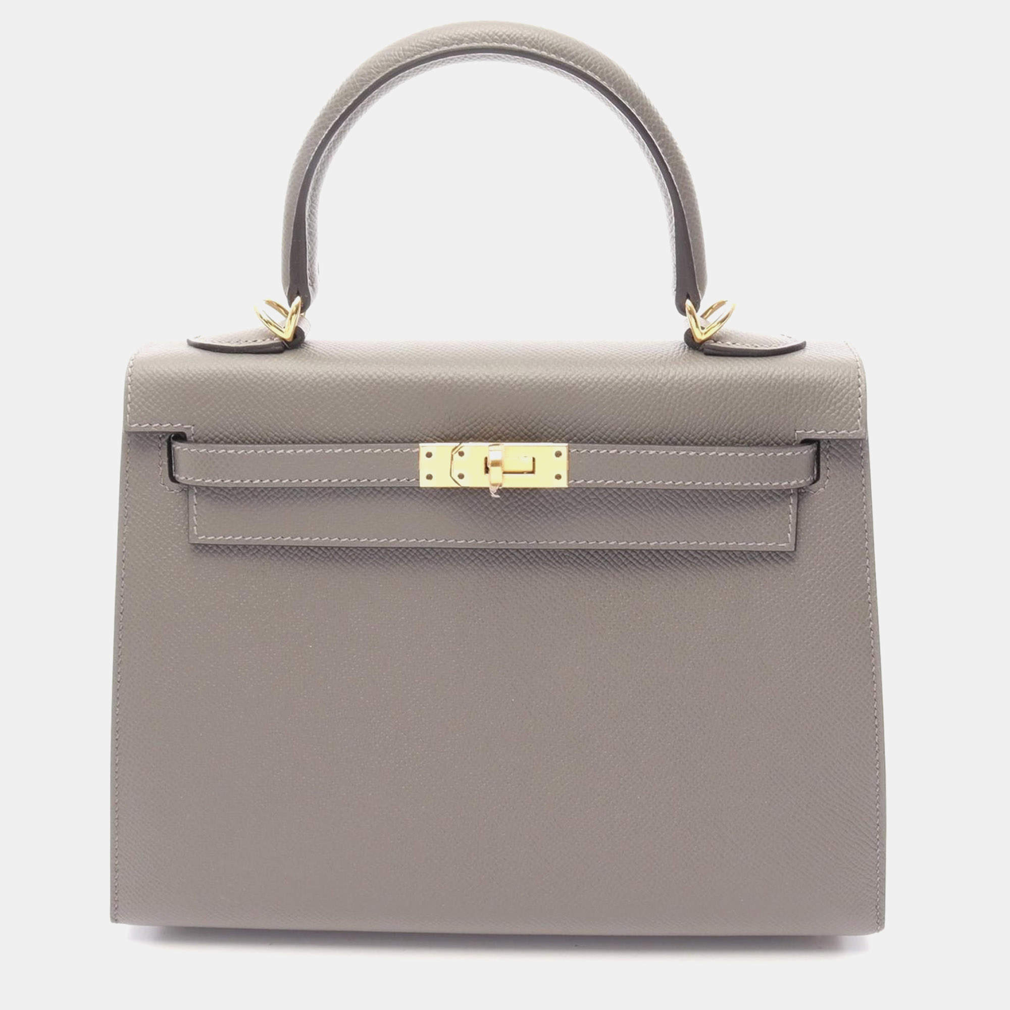 Pre Owned Hermes Kelly 25 Sellier Shoulder Handbag Epsom leather Gris Meyer
